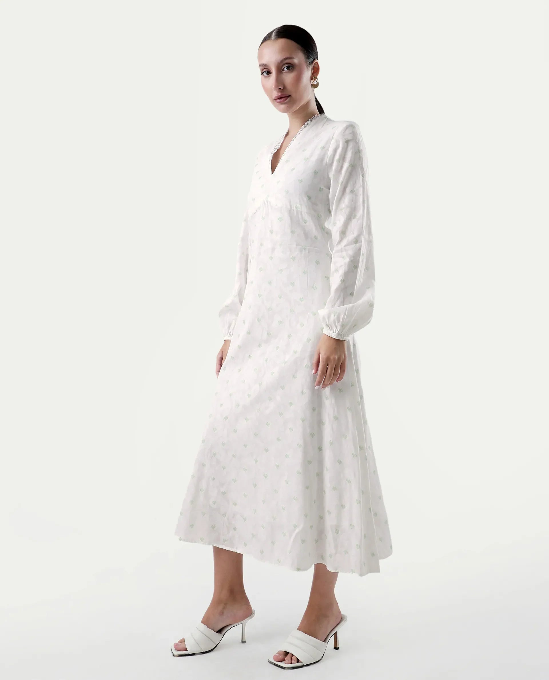 Rareism Women's Prento White Cotton V-Neck Plain Bishop Sleeve Midi Flared Dress