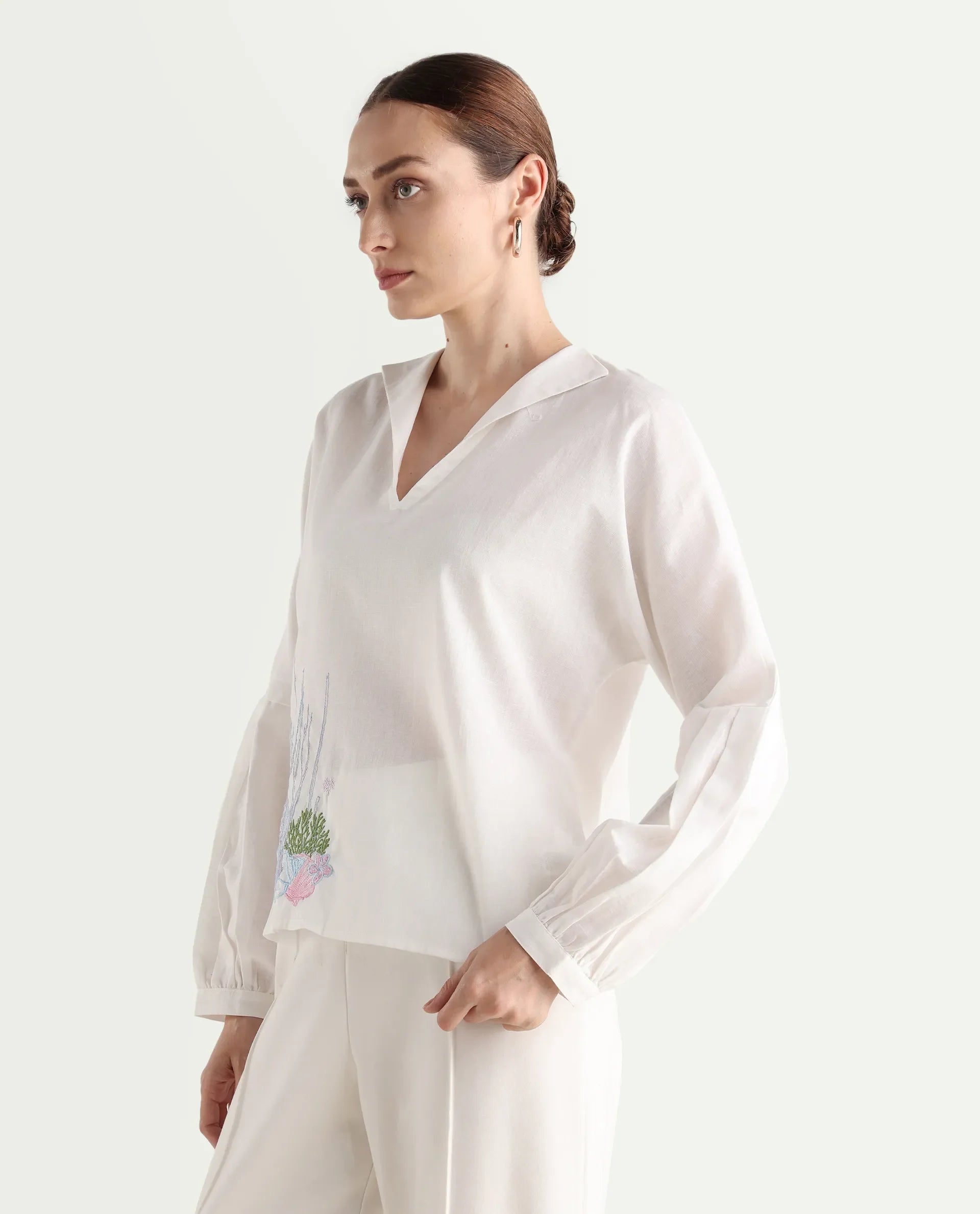 Rareism Women's Present White Cotton Blend Lapel Neck Plain Balloon Sleeve Regular Fit Top