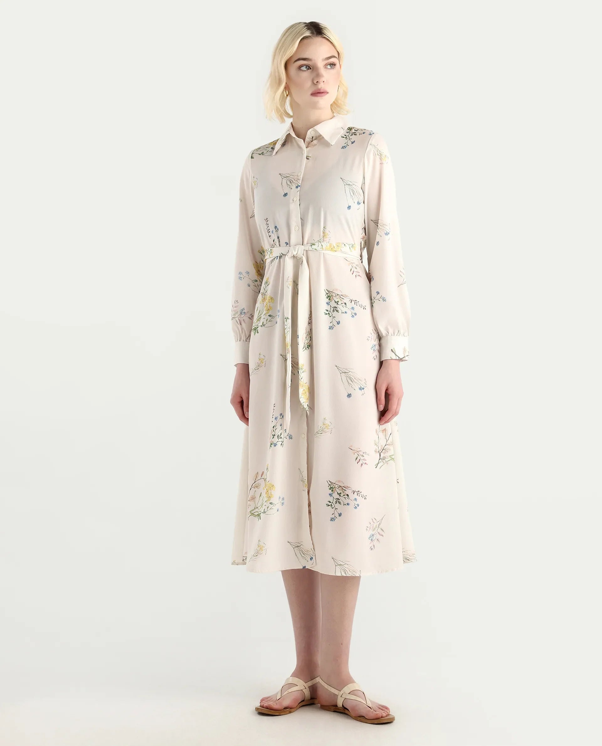 Rareism Women's Presho Multi Polyester Overlap Neck Floral Print Bishop Sleeve Maxi Fit And Flare Dress