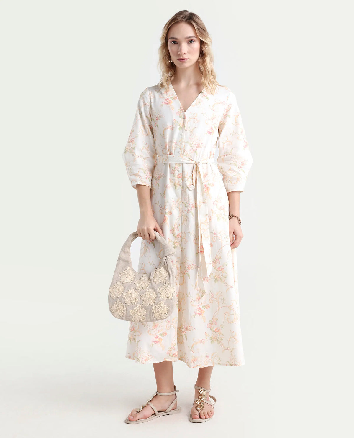 Rareism Women's Preu White Cotton V-Neck Floral Print Balloon Sleeve Midi Straight Fit Dress