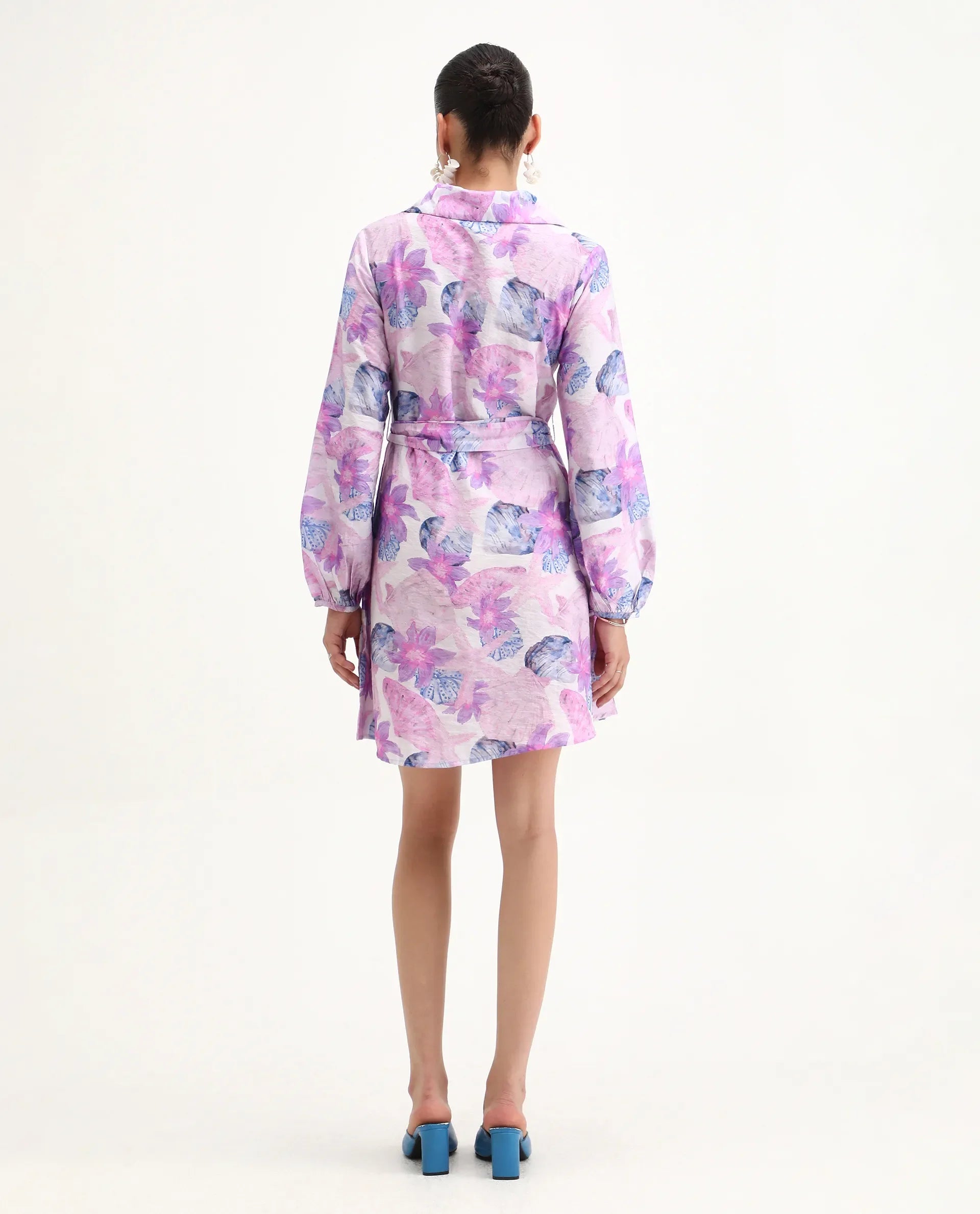 Rareism Women's Prewern Multi Viscose Blend Spread Collar Floral Print Bishop Sleeve Mini A-Line Dress