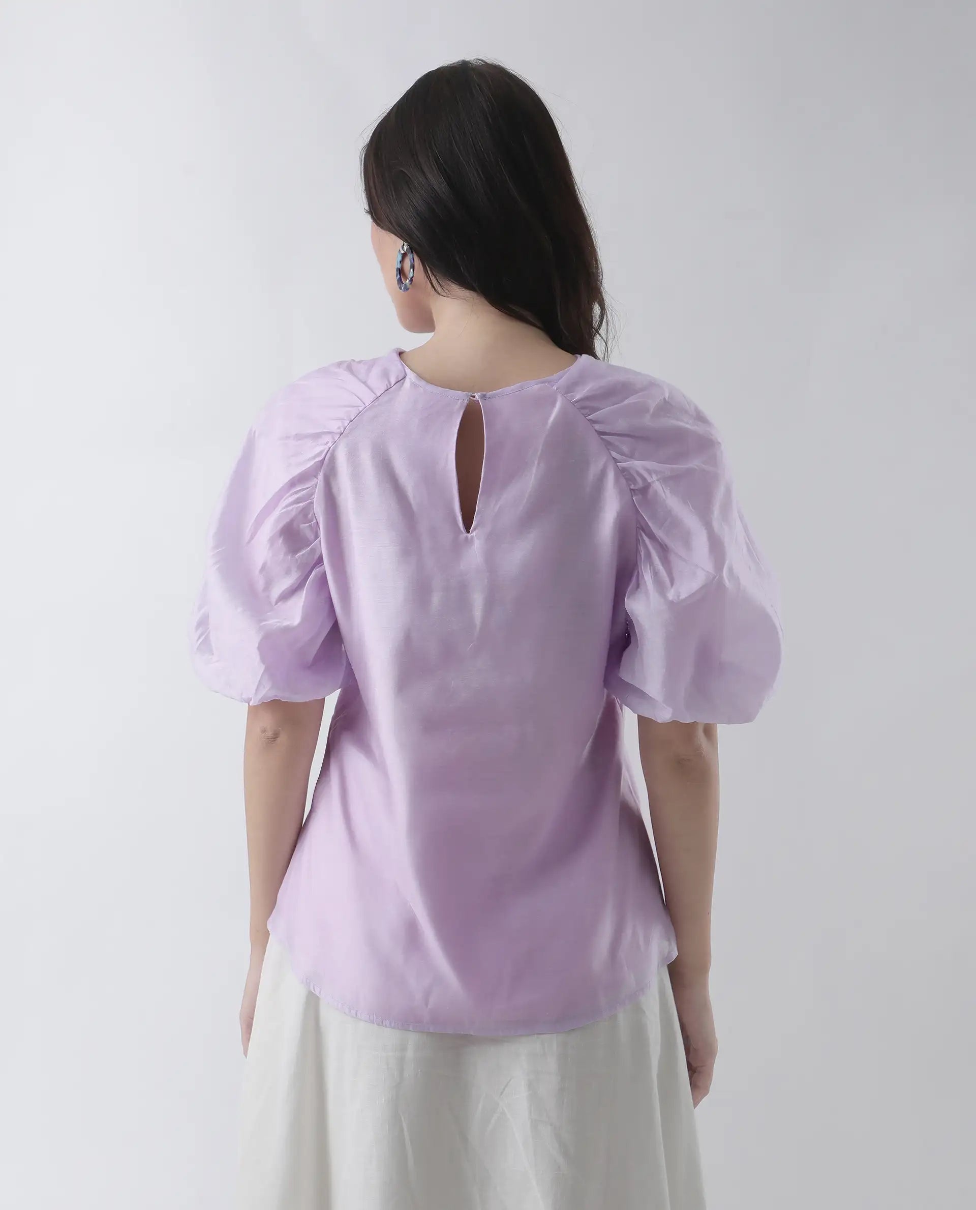 Rareism Women's Prexner Purple Viscose Blend Crew Neck Plain Balloon Sleeve Regular Fit Top