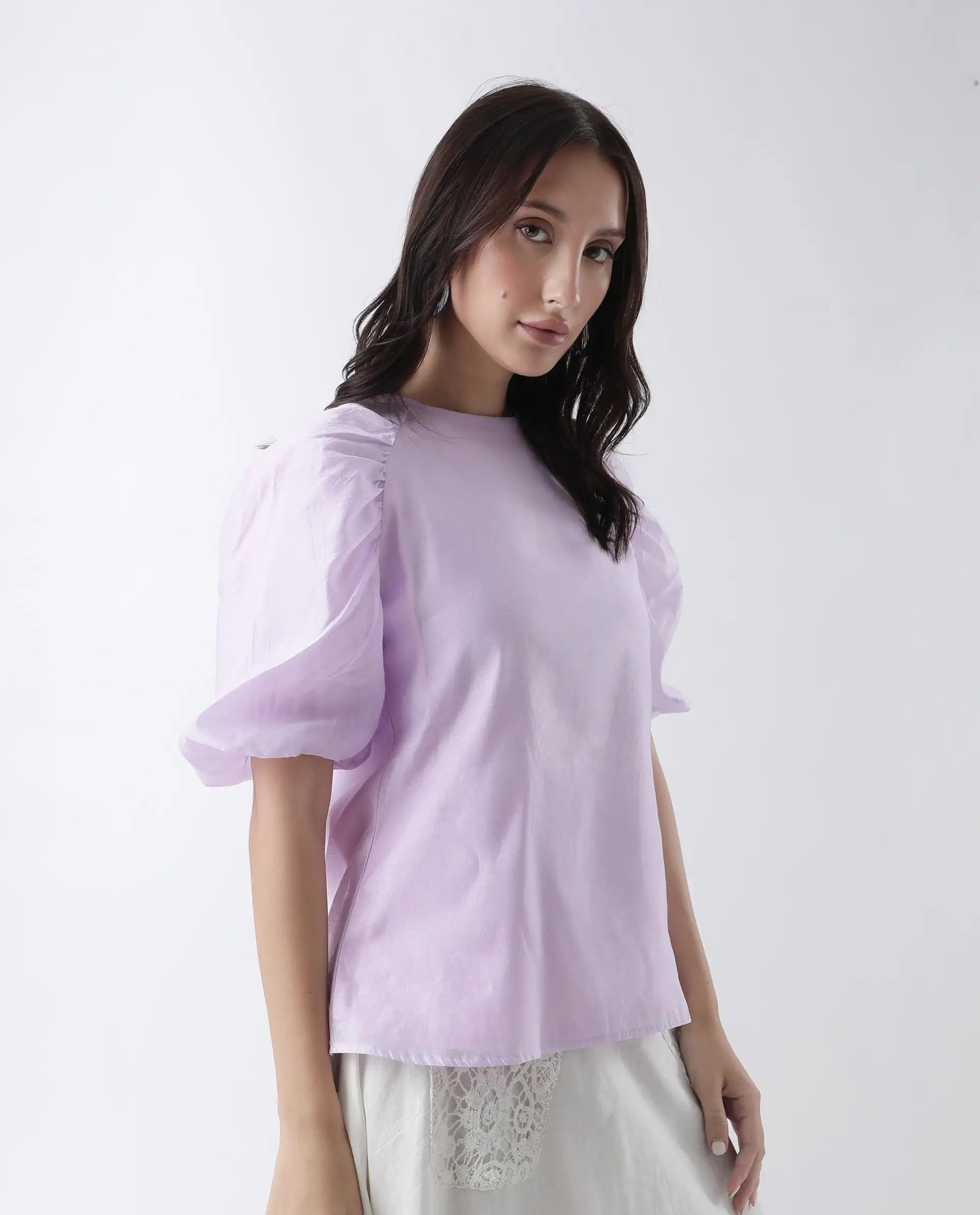 Rareism Women's Prexner Purple Viscose Blend Crew Neck Plain Balloon Sleeve Regular Fit Top