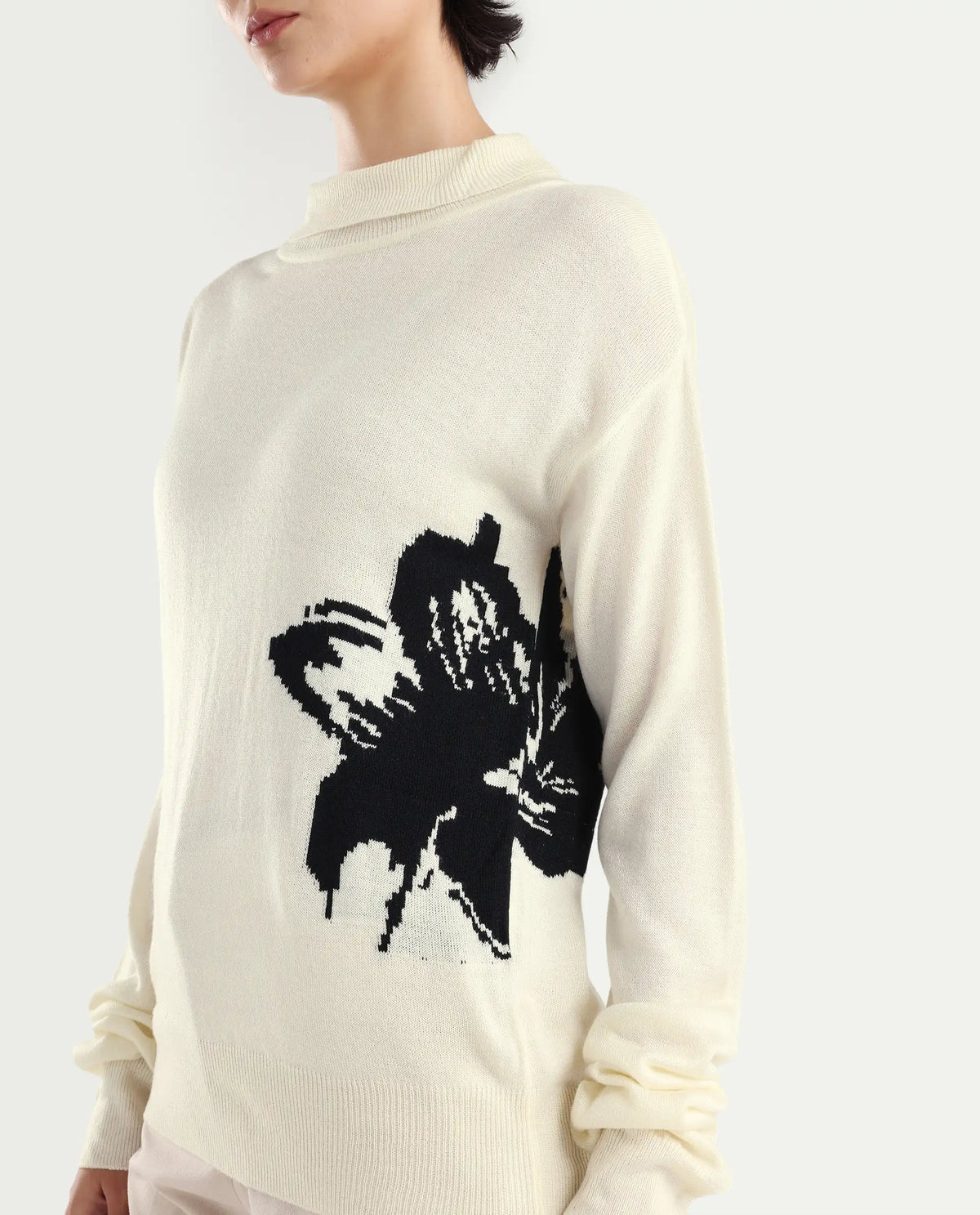 Rareism Women's Priana Off White Acrylic Turtle Neck Floral Print Relaxed Fit Sweater