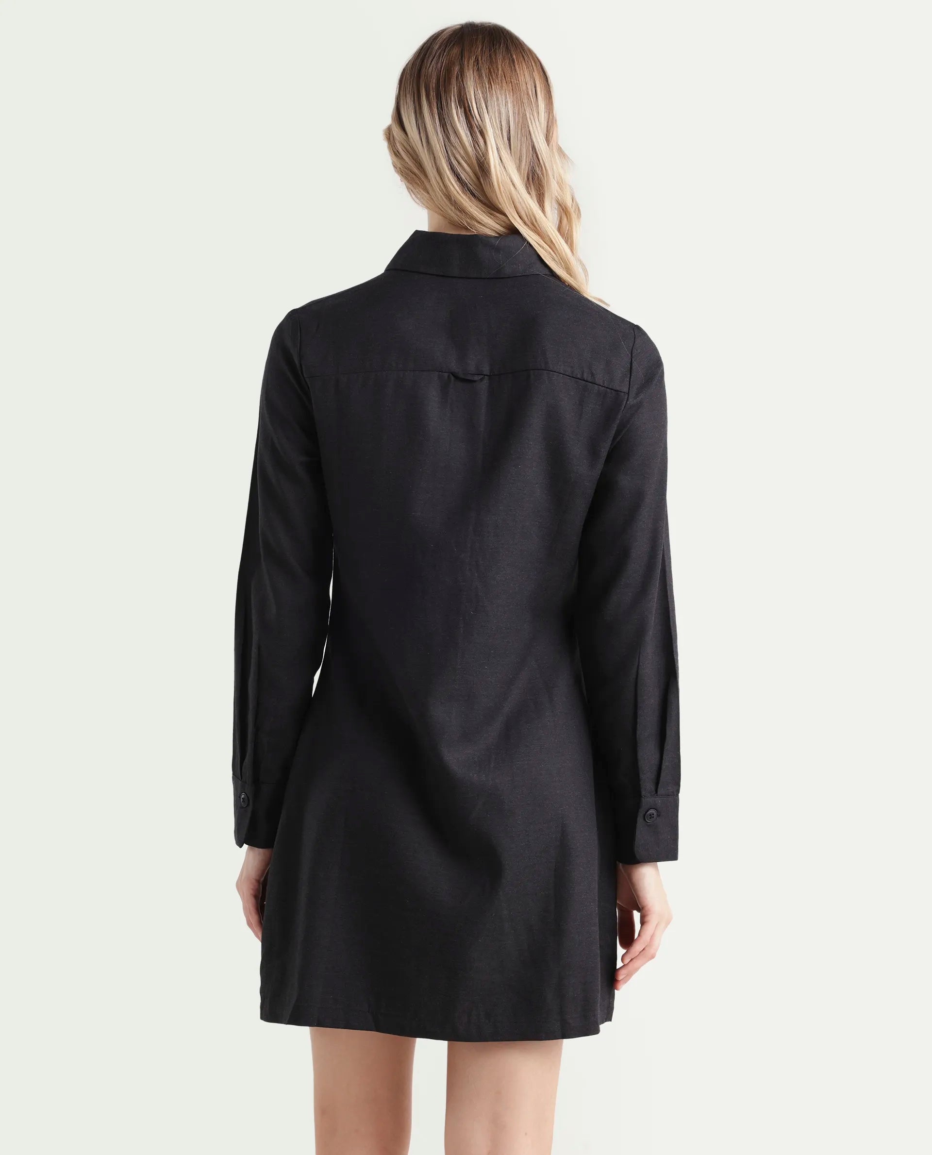 Rareism Women's Pricot Black Polyester Spread Collar Plain Cuffed Sleeve Mini Regular Fit Dress