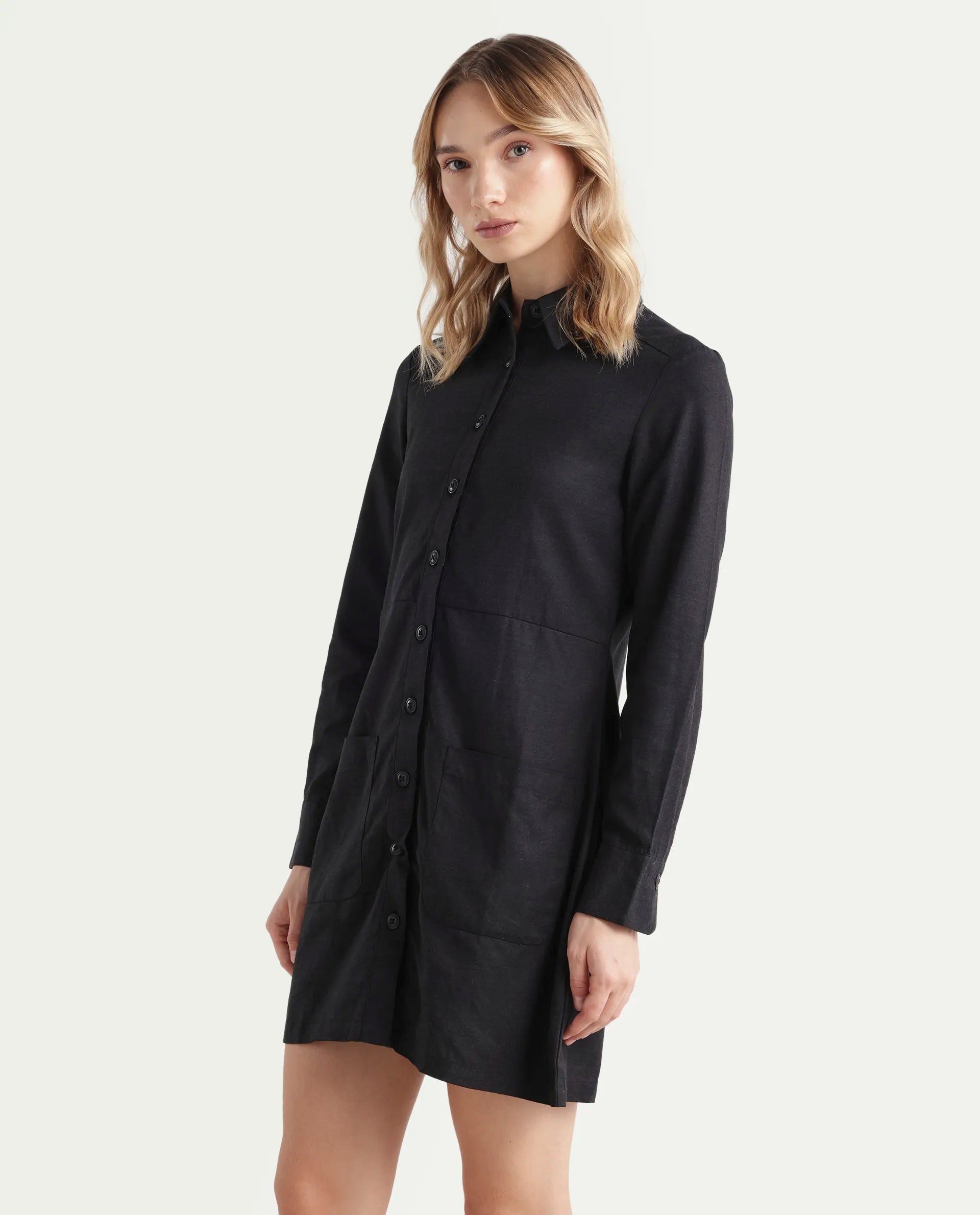 Rareism Women's Pricot Black Polyester Spread Collar Plain Cuffed Sleeve Mini Regular Fit Dress