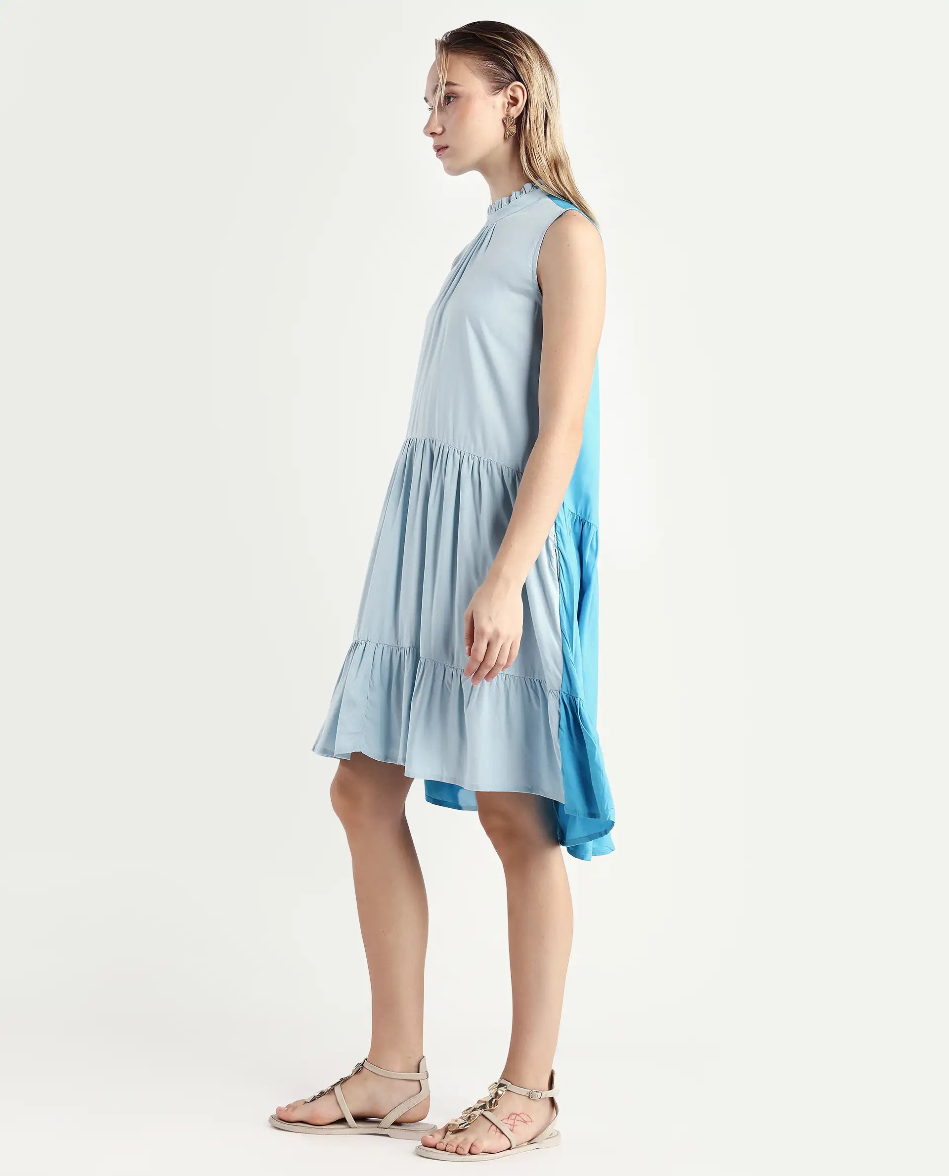 Rareism Women's Provoke Blue Cotton High Neck Color Block Sleeveless Knee Length Regular Fit Dress