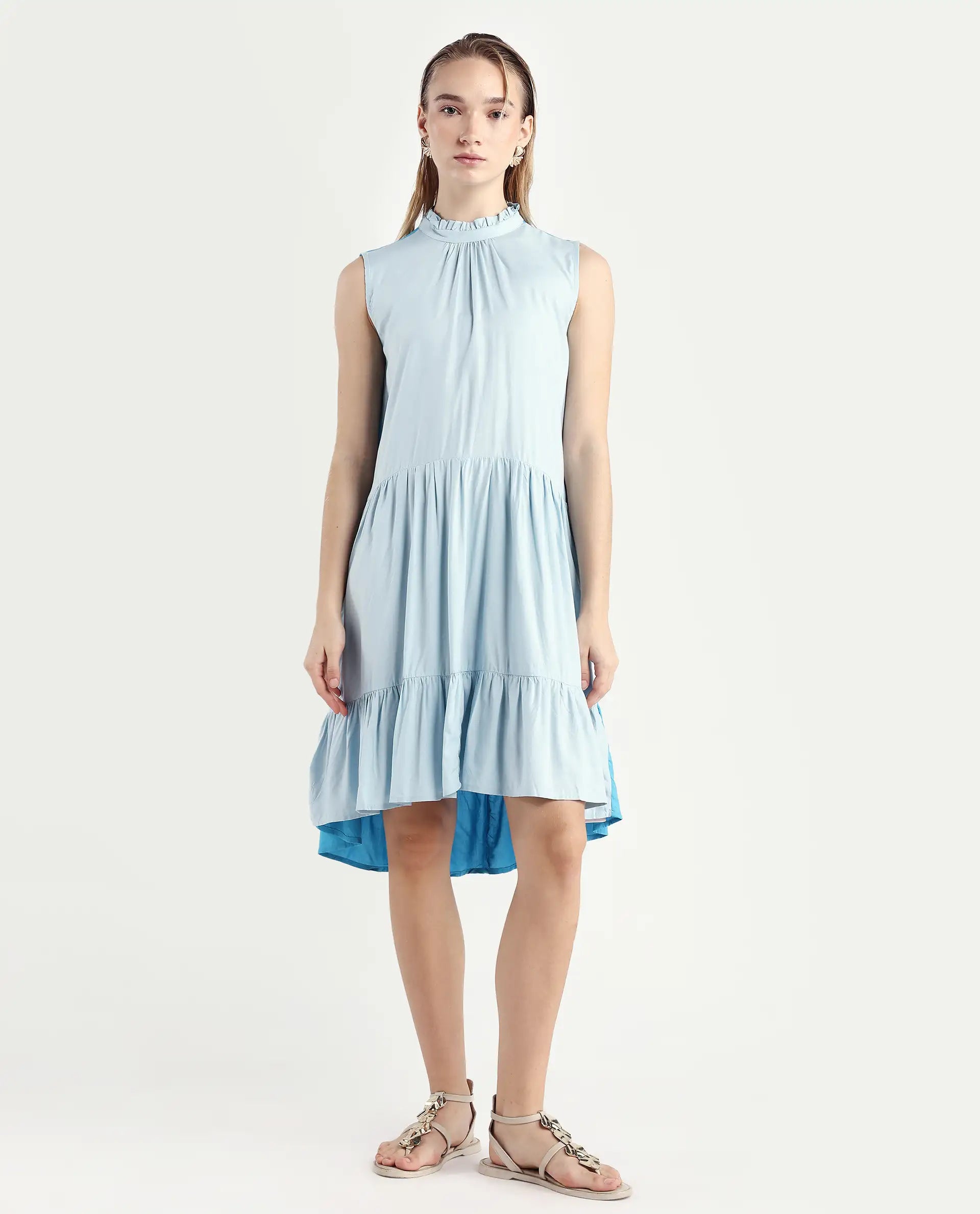 Rareism Women's Provoke Blue Cotton High Neck Color Block Sleeveless Knee Length Regular Fit Dress