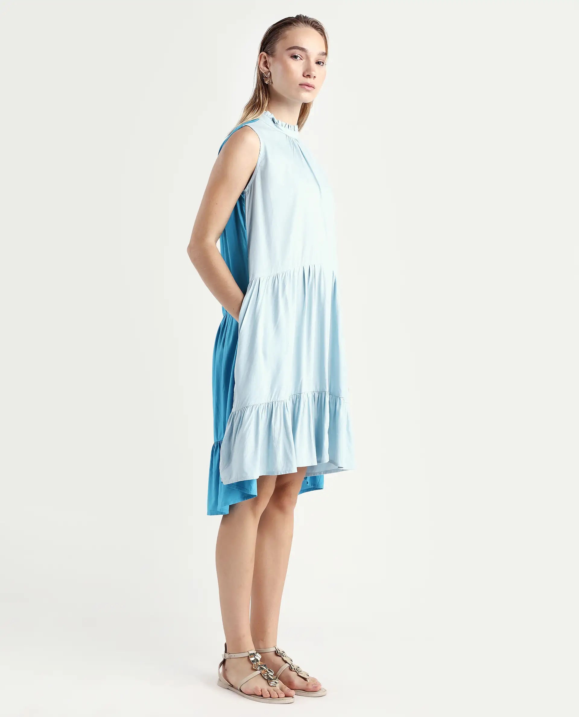 Rareism Women's Provoke Blue Cotton High Neck Color Block Sleeveless Knee Length Regular Fit Dress