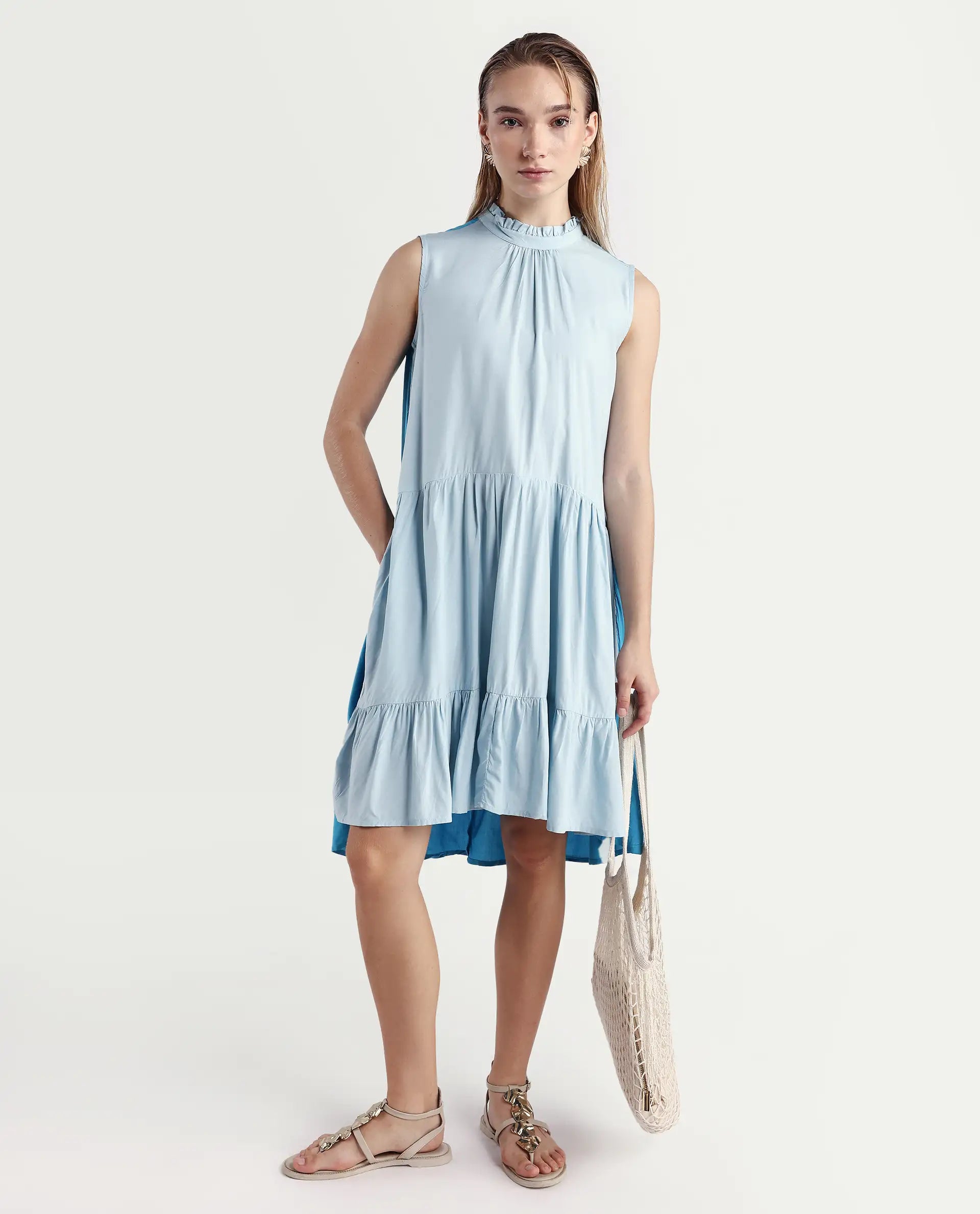 Rareism Women's Provoke Blue Cotton High Neck Color Block Sleeveless Knee Length Regular Fit Dress