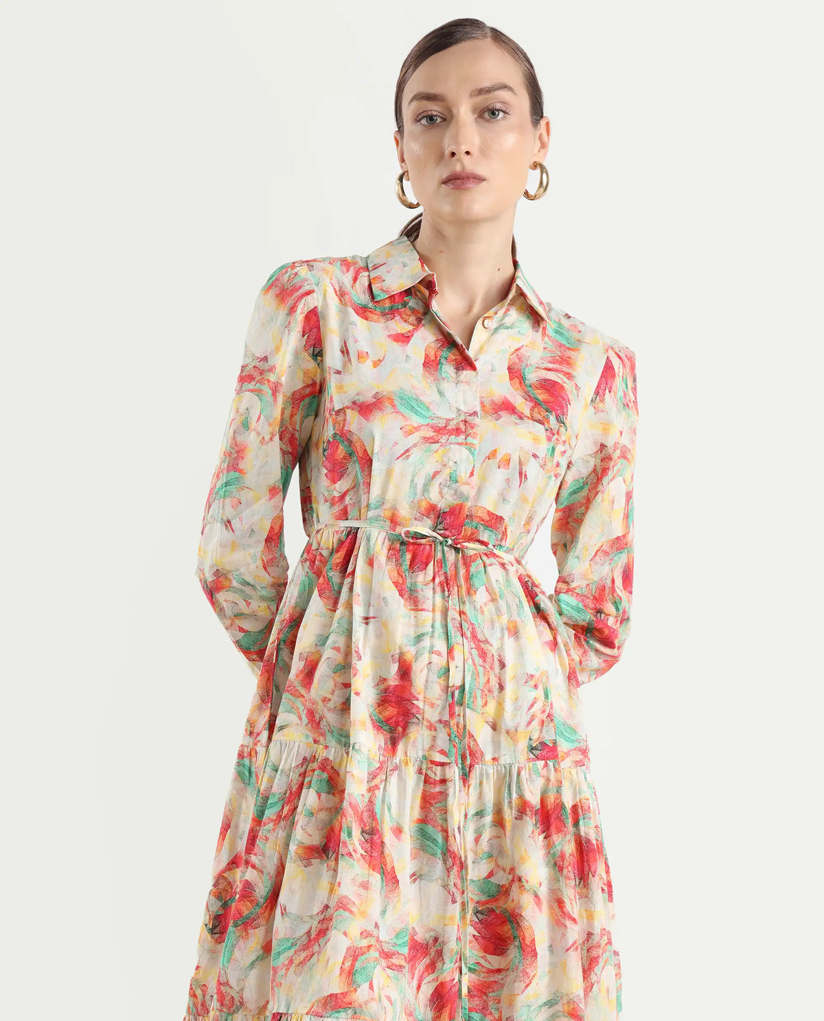 Rareism Women's Puebla Multi Cotton Drop Collar Abstract Print Bishop Sleeve Midi Fit And Flare Dress
