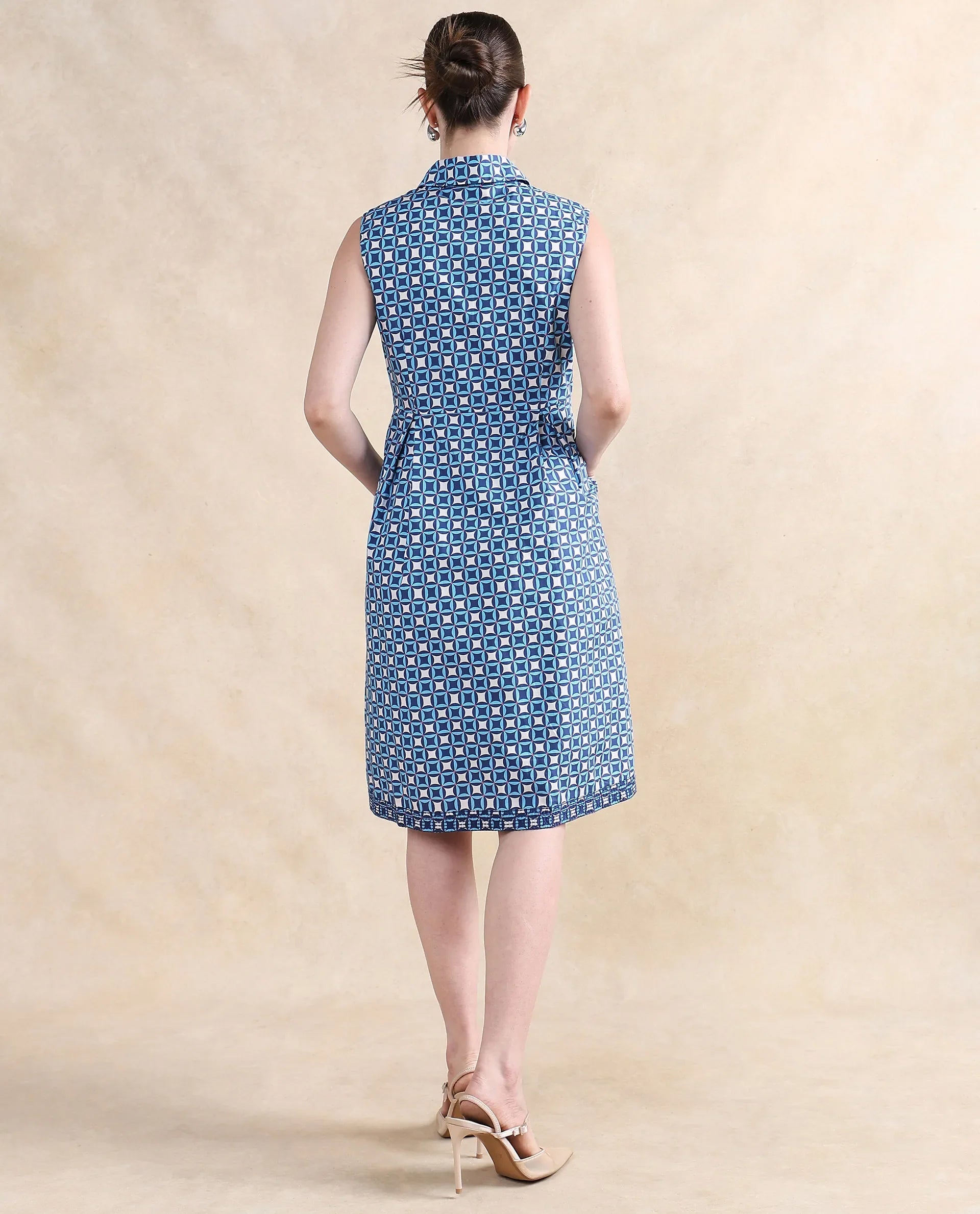 Rareism Women's Qban Multi Cotton Drop Collar Geometric Print Sleeveless Knee Length A-Line Dress