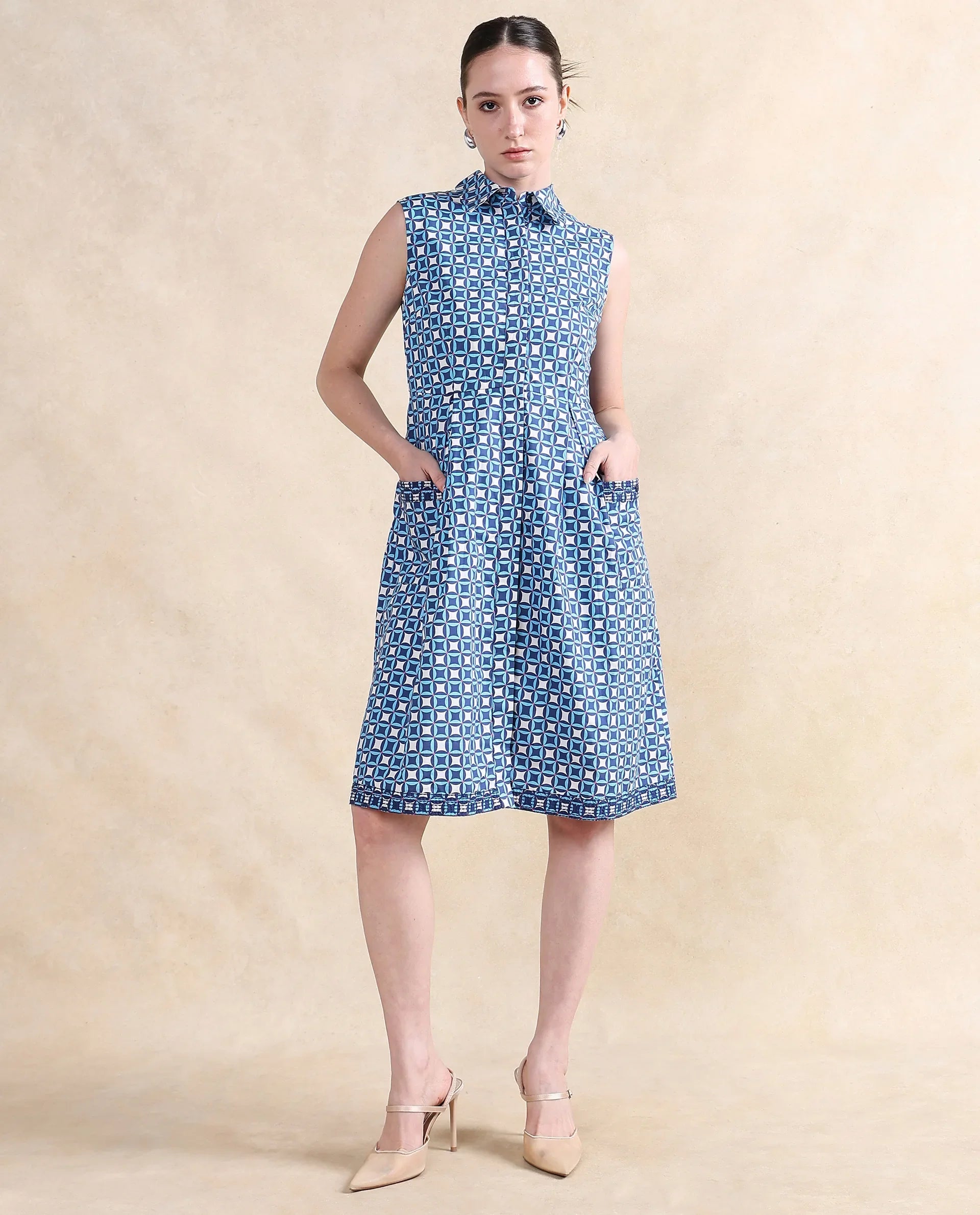 Rareism Women's Qban Multi Cotton Drop Collar Geometric Print Sleeveless Knee Length A-Line Dress