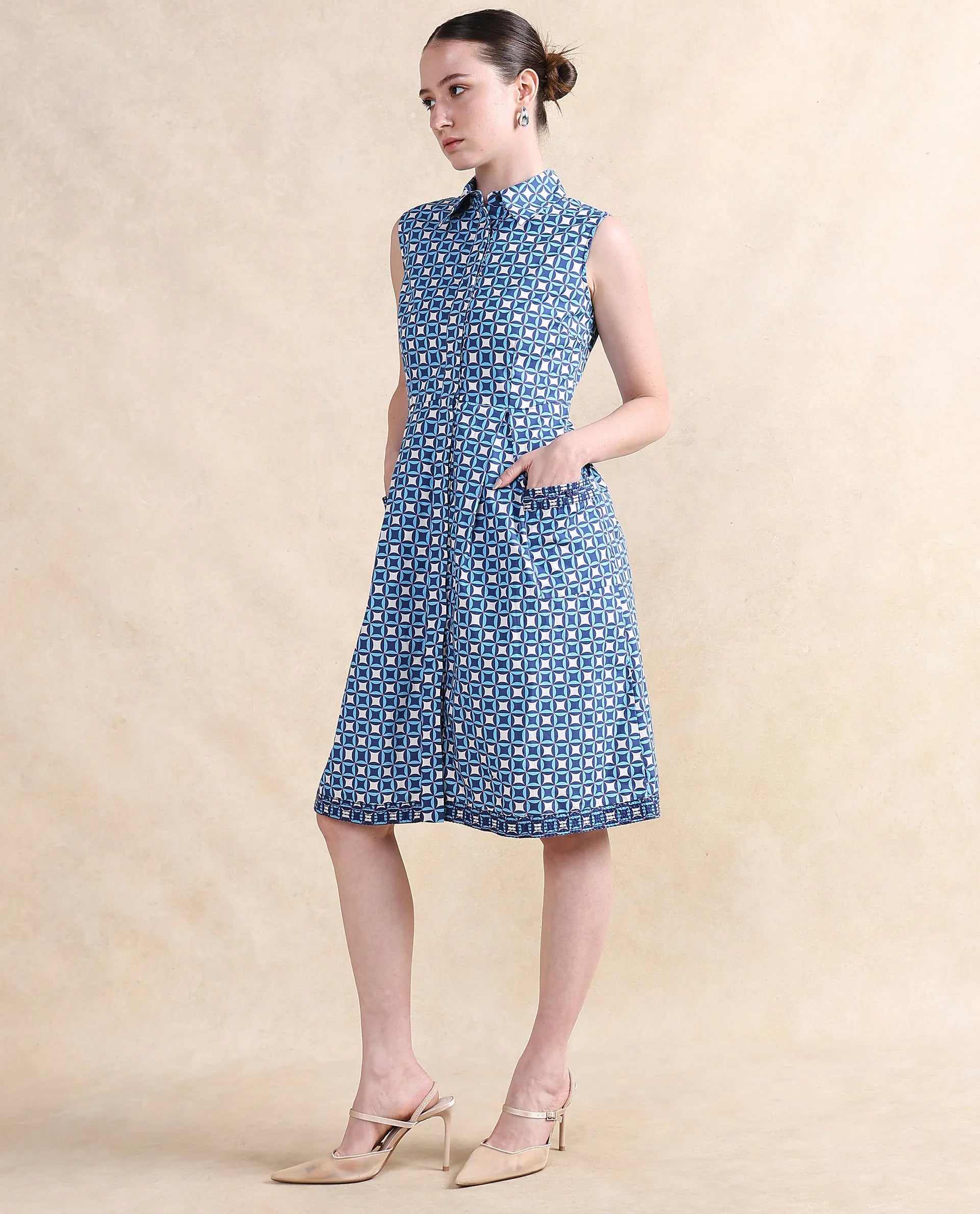 Rareism Women's Qban Multi Cotton Fabric Drop Collar Button Closure Sleeveless Geometric Print A-Line Knee Length Dress