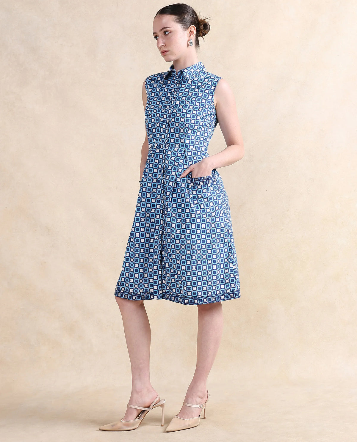Rareism Women's Qban Multi Cotton Fabric Drop Collar Button Closure Sleeveless Geometric Print A-Line Knee Length Dress