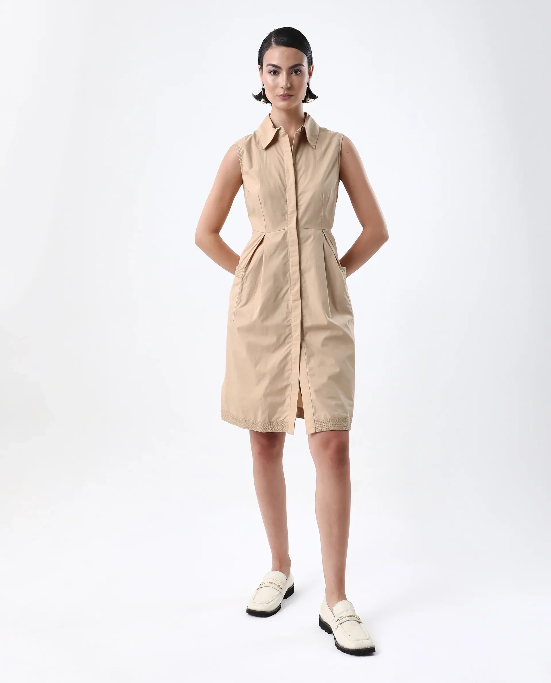 Rareism Women's Qba Light Sand Cotton Drop Collar Plain Sleeveless Midi A-Line Dress