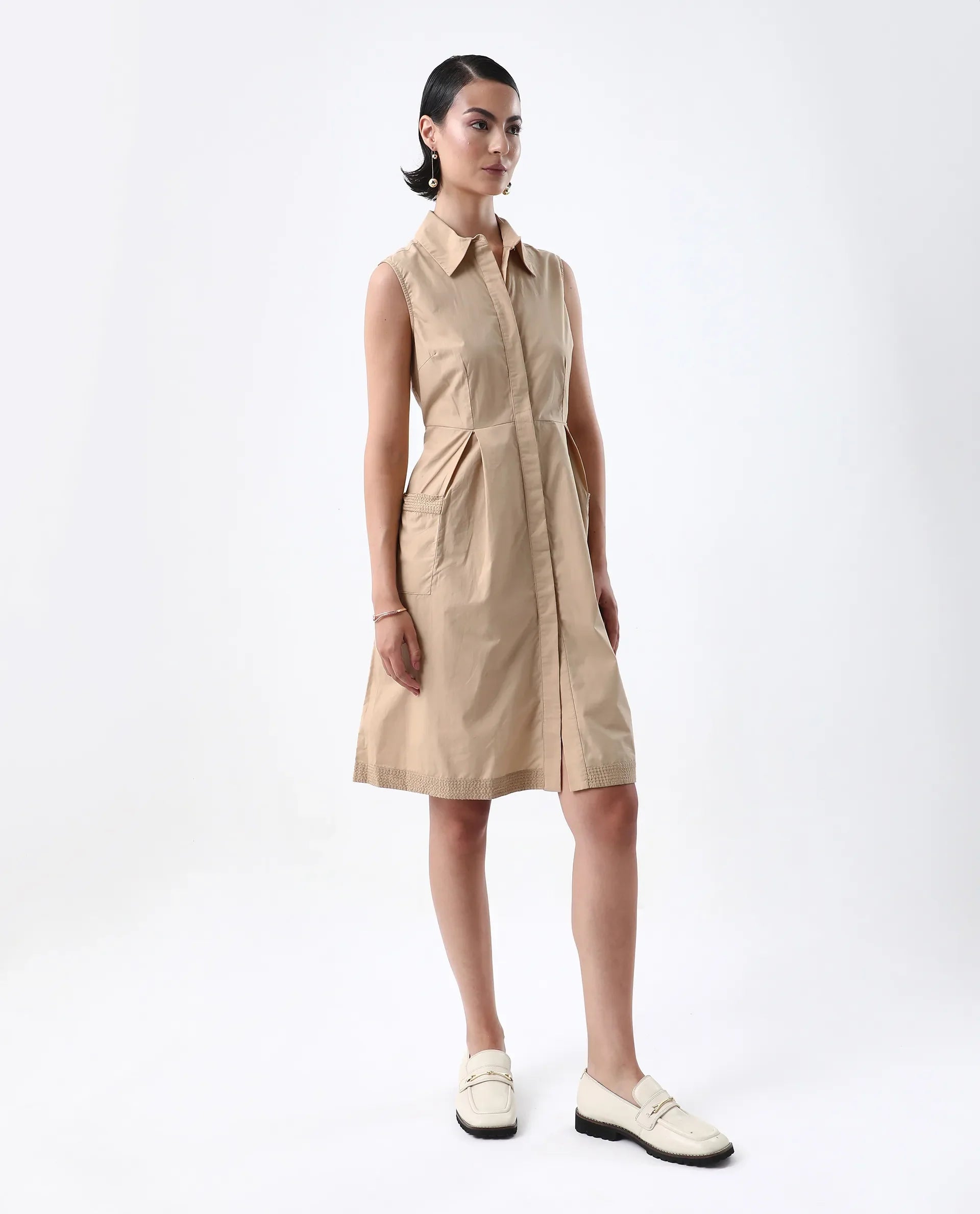 Rareism Women's Qba Light Sand Cotton Drop Collar Plain Sleeveless Midi A-Line Dress