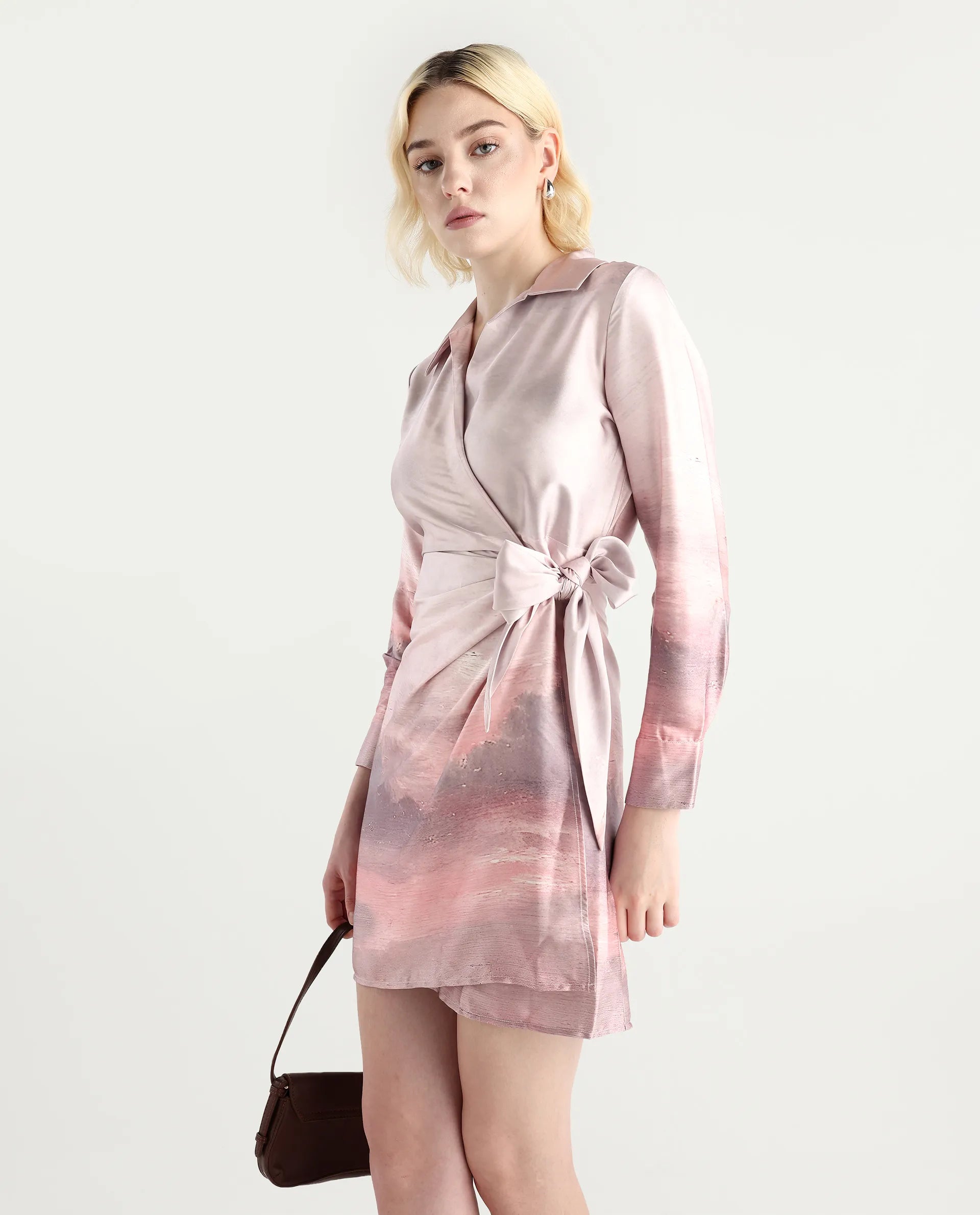 Rareism Women's Qert Dusky Multi Satin Johnny Collar Abstract Print Cuffed Sleeve Mini Straight Fit Dress