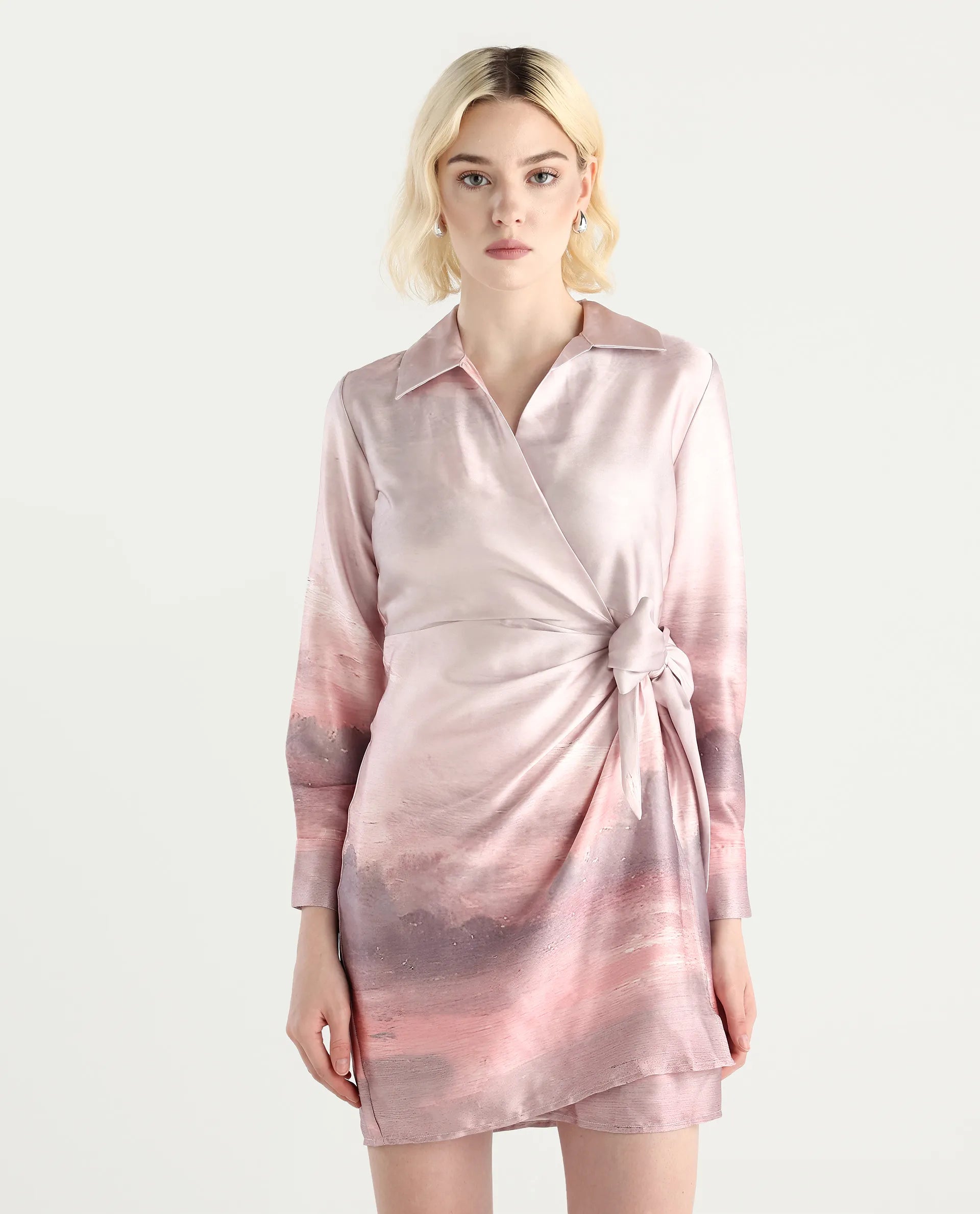 Rareism Women's Qert Dusky Multi Satin Johnny Collar Abstract Print Cuffed Sleeve Mini Straight Fit Dress