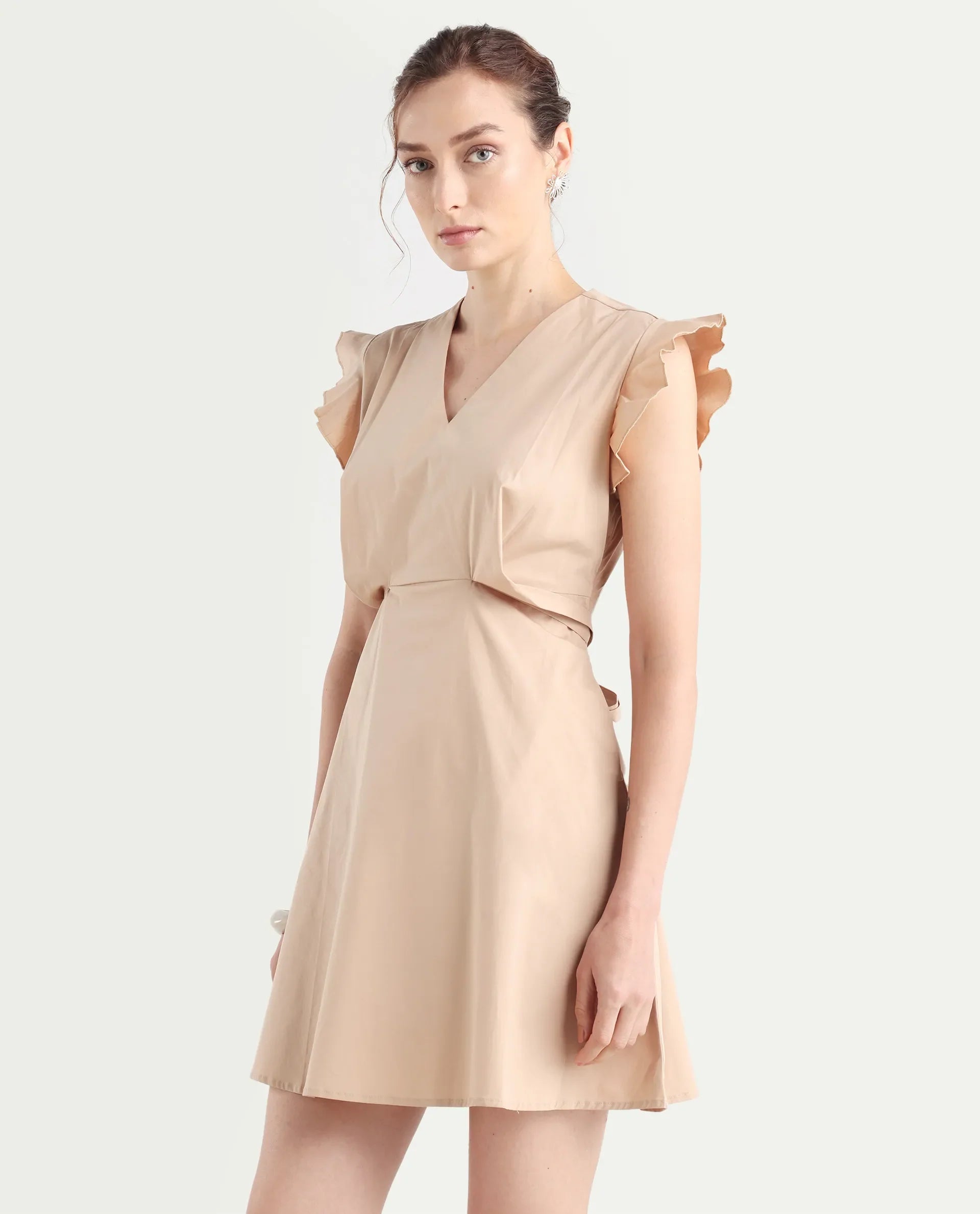 Rareism Women's Qinc Beige Cotton Blend V-Neck Plain Ruffled Sleeve Mini Fit And Flare Dress
