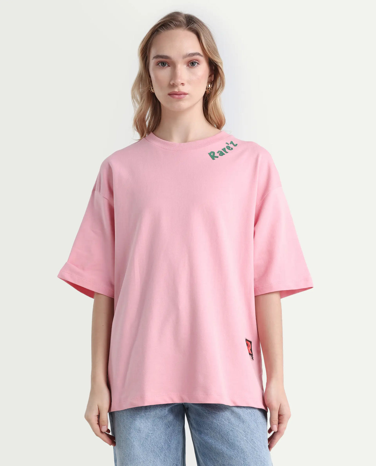 Rareism Women's Qlax Pink Cotton Graphic Print Oversized T-Shirt