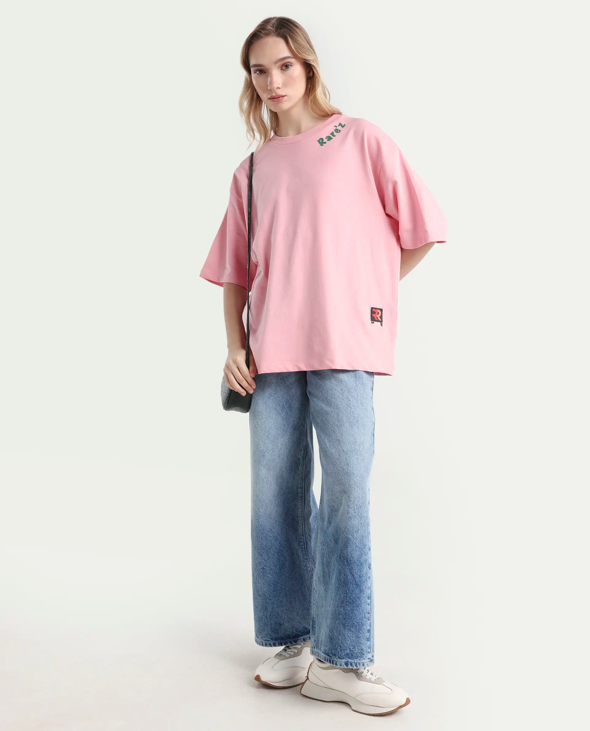 Rareism Women's Qlax Pink Cotton Graphic Print Oversized T-Shirt