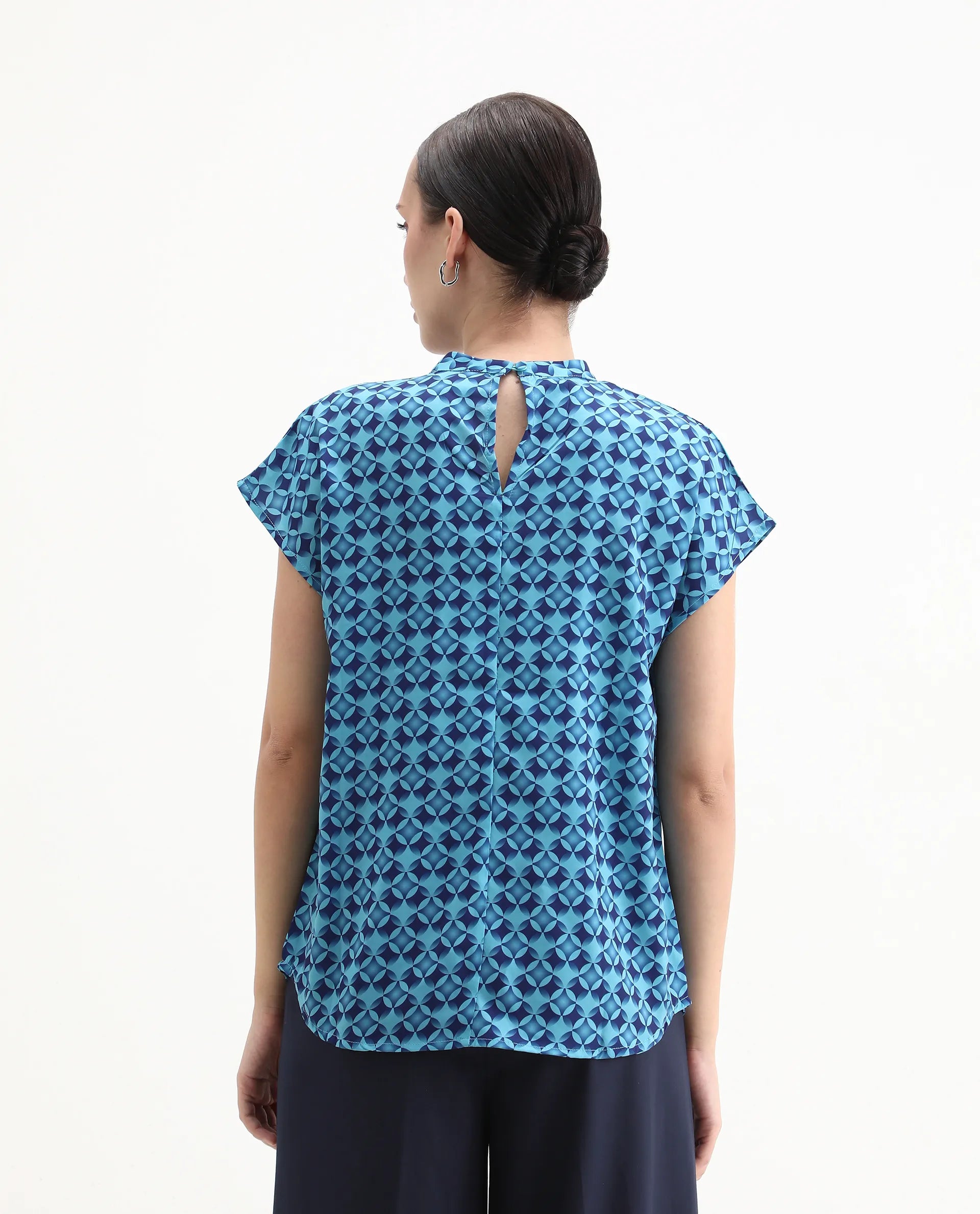 Rareism Women's Qoat Blue Polyester Blend High Neck Geometric Print Extended Sleeves Regular Fit Top