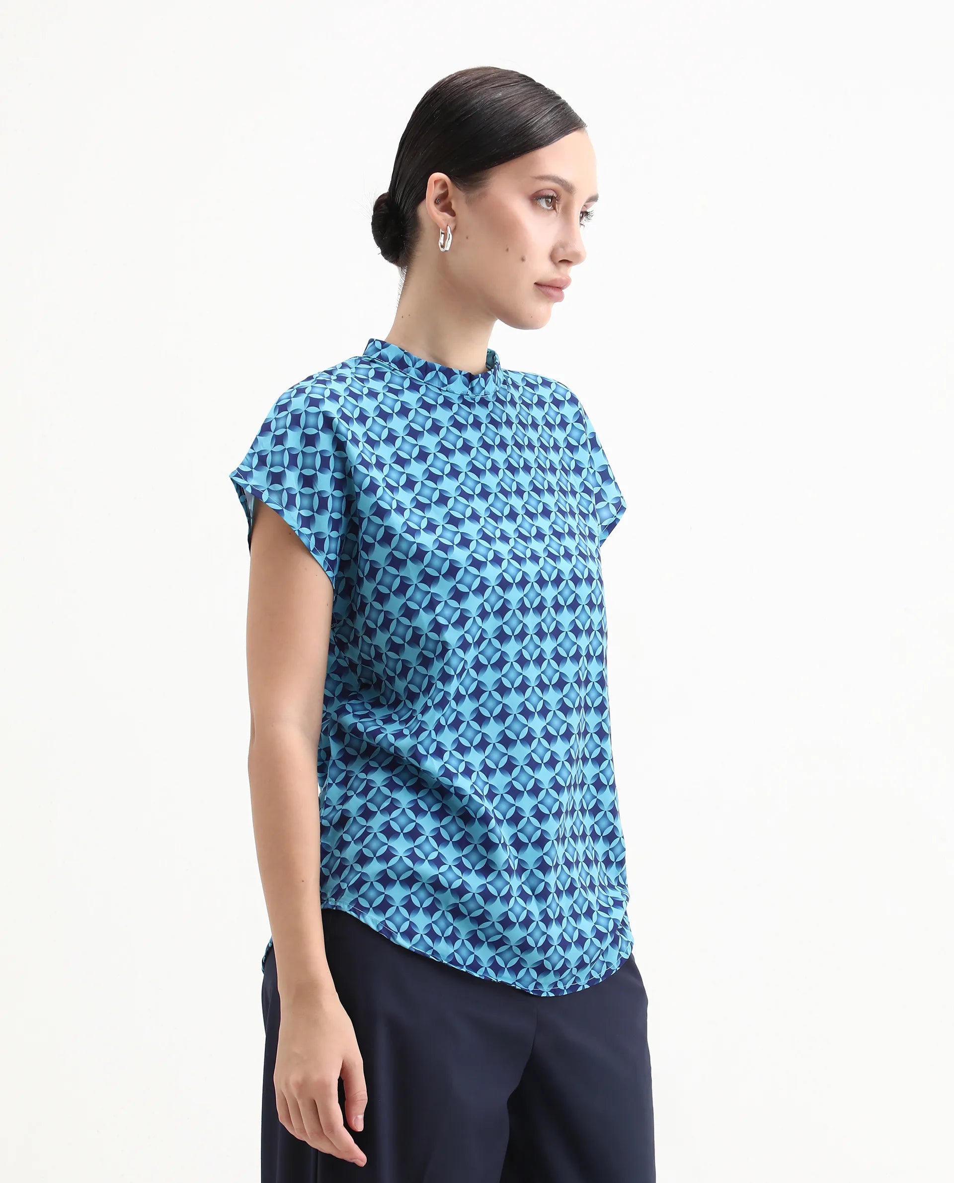 Rareism Women's Qoat Blue Polyester Blend High Neck Geometric Print Extended Sleeves Regular Fit Top