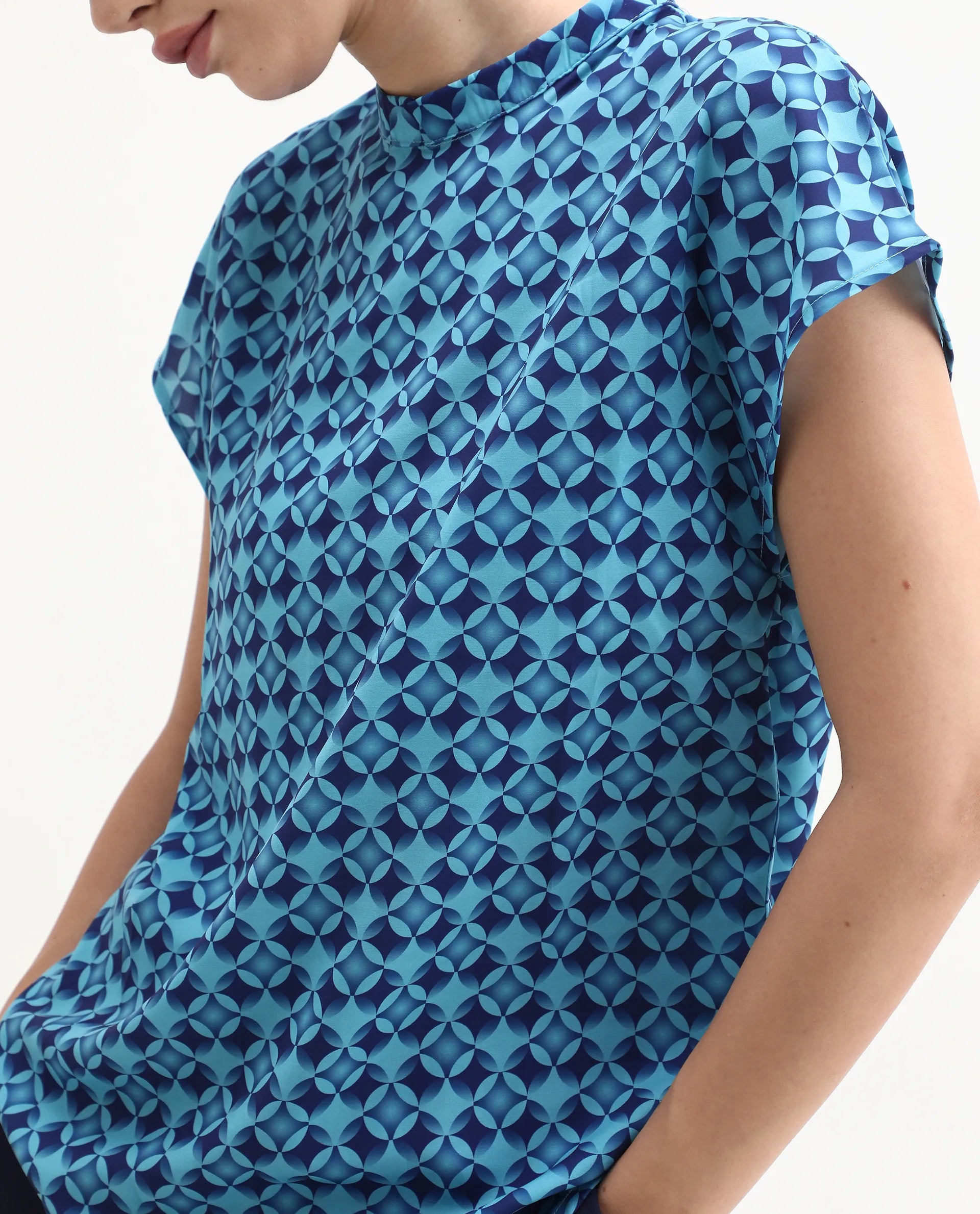 Rareism Women's Qoat Blue Polyester Blend High Neck Geometric Print Extended Sleeves Regular Fit Top