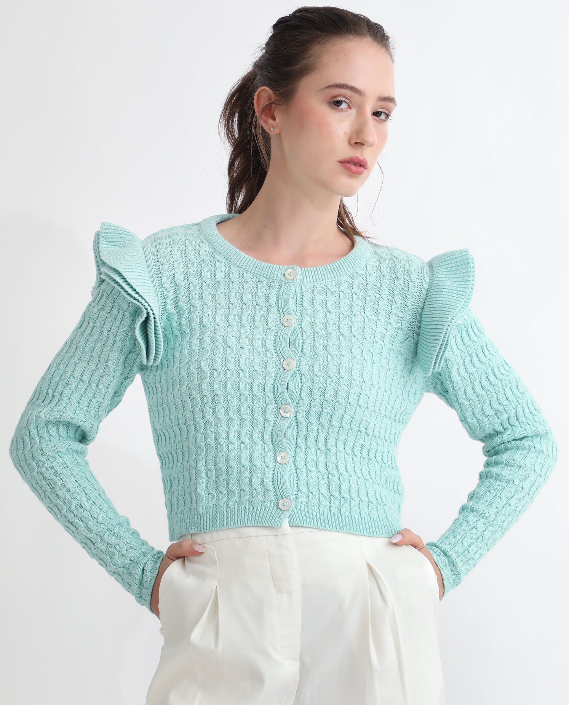 Rareism Women's Queen Blue Cotton Crew Neck Plain Regular Fit Sweater