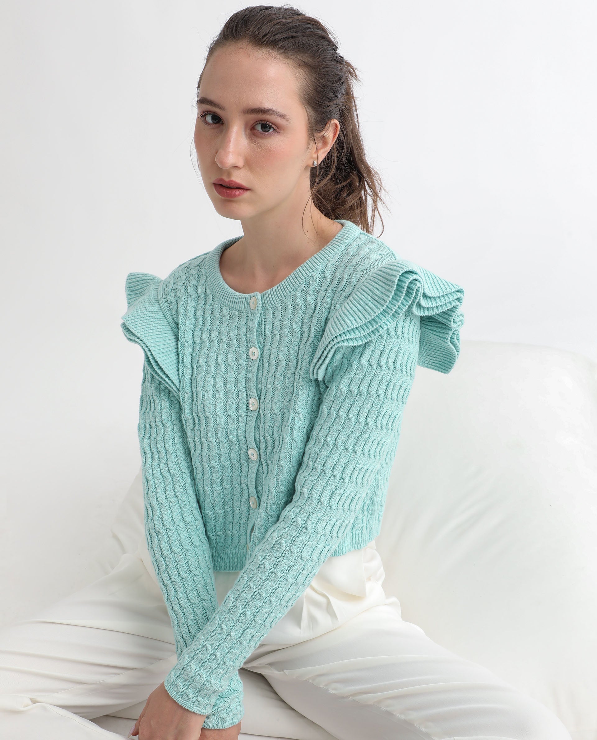 Rareism Women's Queen Blue Cotton Crew Neck Plain Regular Fit Sweater