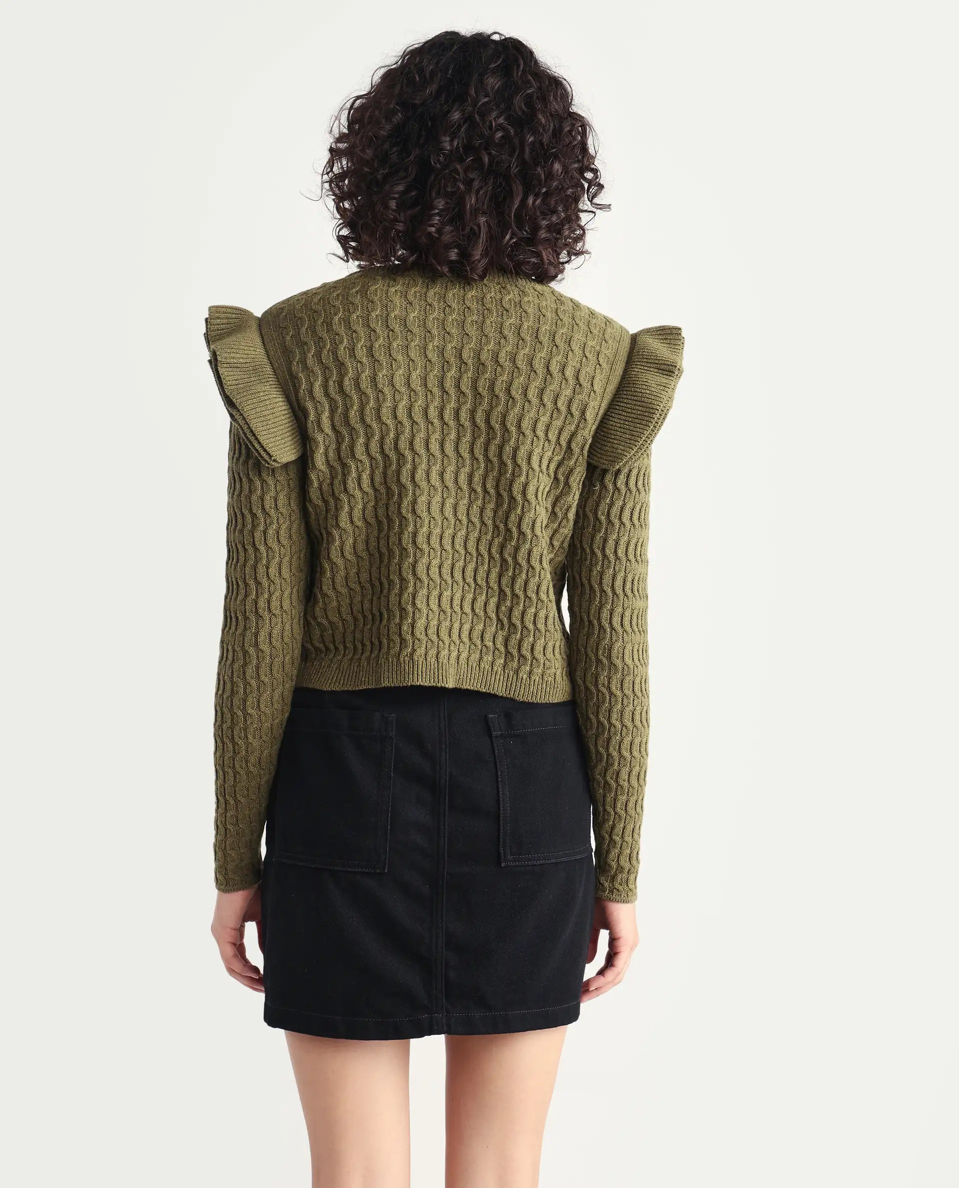 Rareism Women's Queen Olive Cotton Crew Neck Plain Regular Fit Sweater