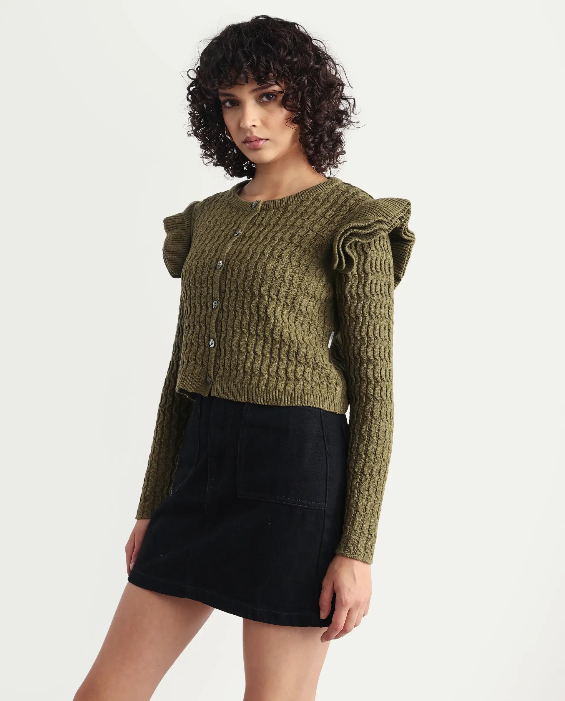 Rareism Women's Queen Olive Cotton Crew Neck Plain Regular Fit Sweater