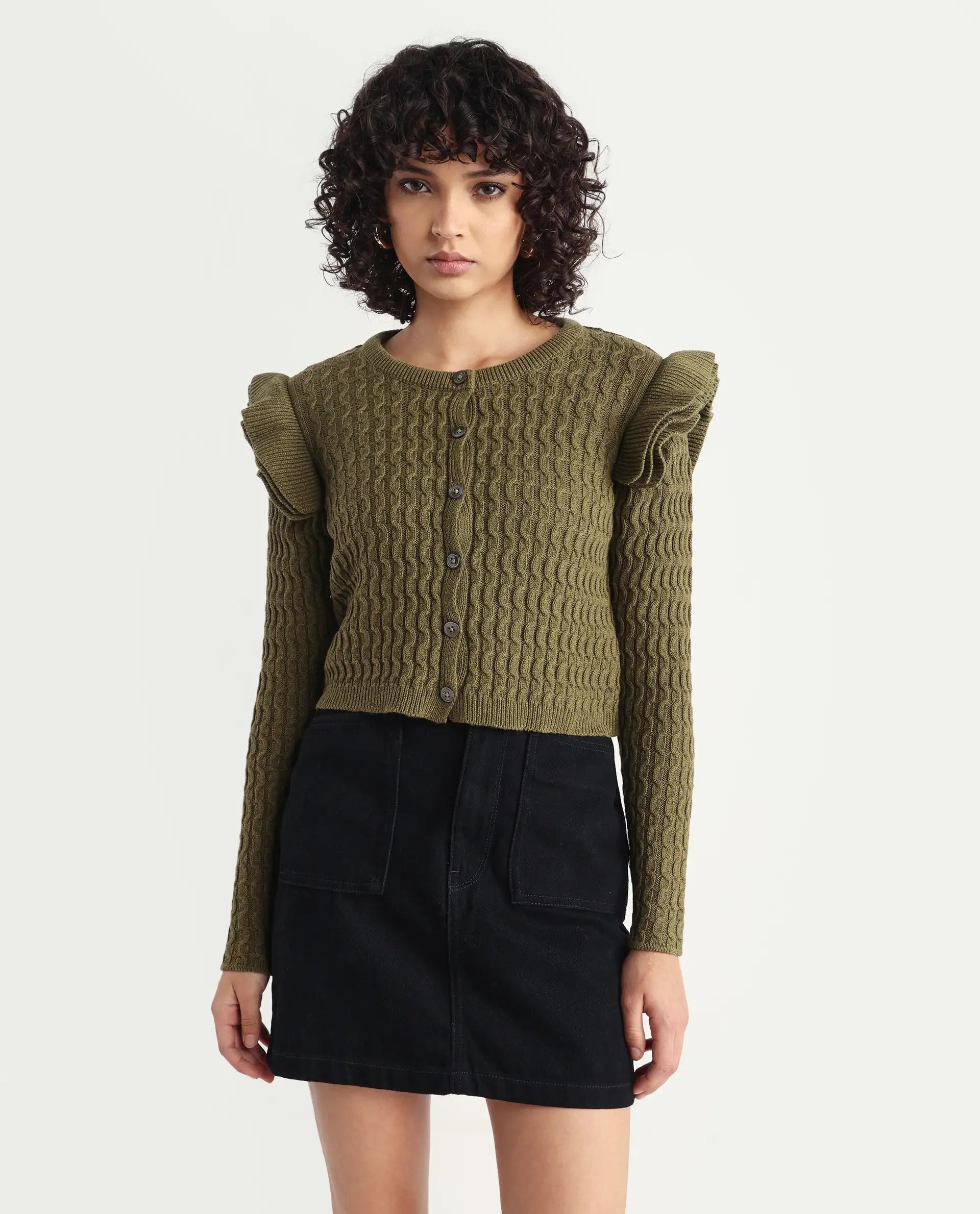 Rareism Women's Queen Olive Cotton Crew Neck Plain Regular Fit Sweater