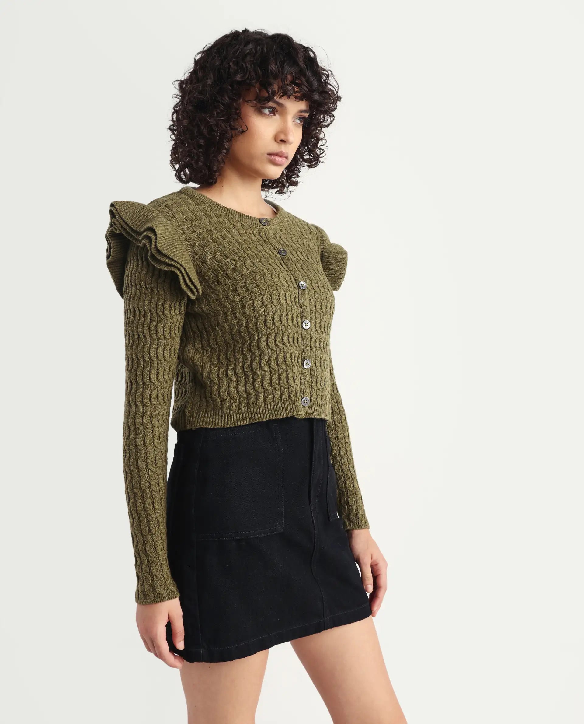 Rareism Women's Queen Olive Cotton Crew Neck Plain Regular Fit Sweater