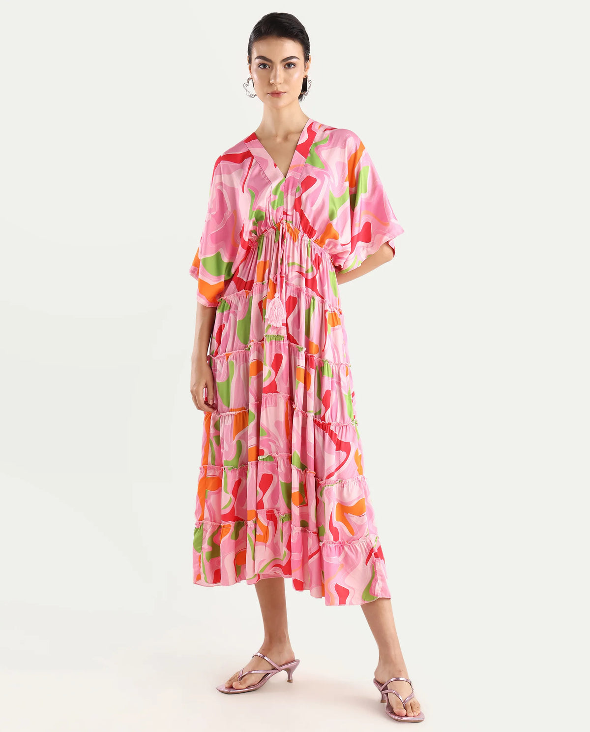 Rareism Women's Quil Pastel Multi Cotton Blend V-Neck Abstract Print Extended Sleeves Midi Fit And Flare Dress