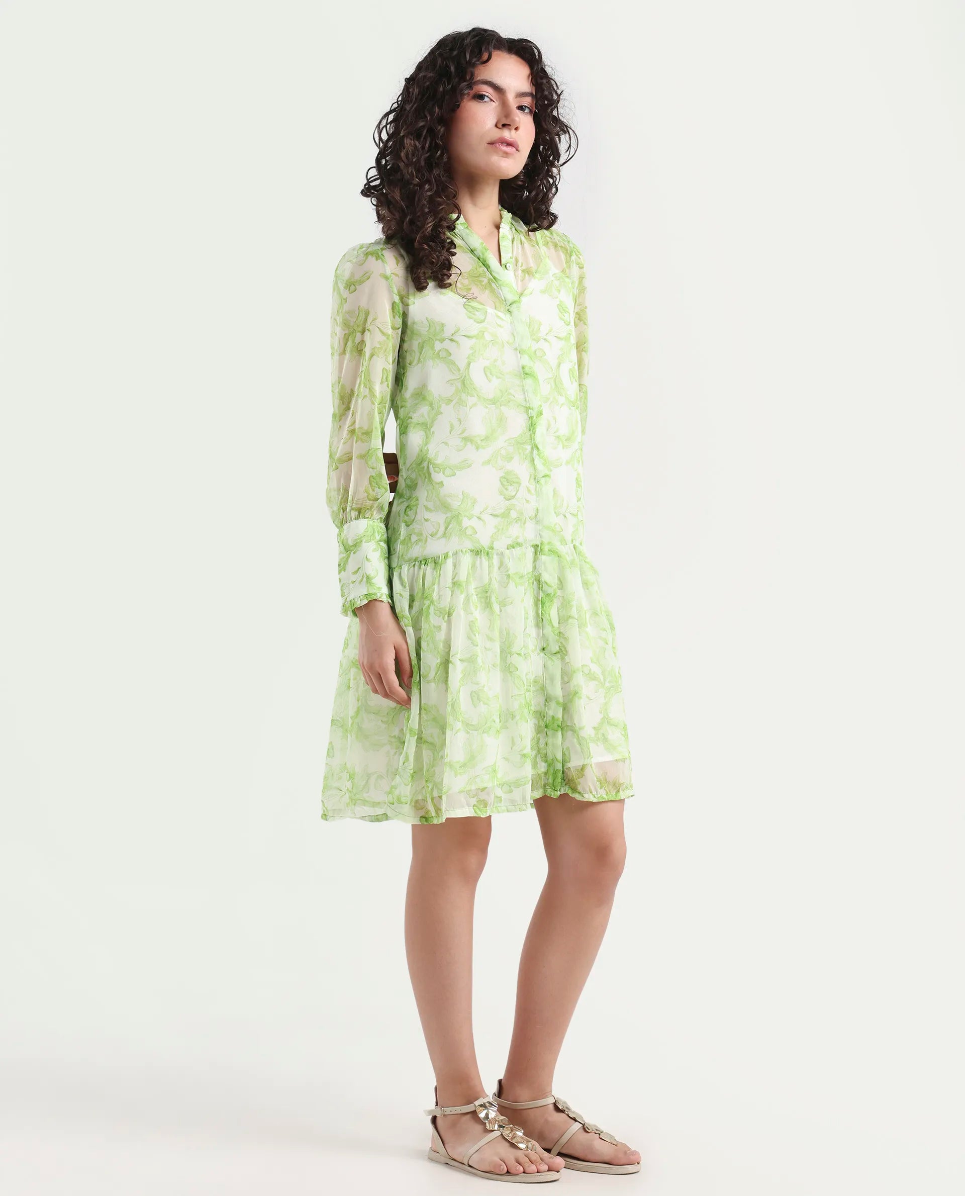 Rareism Women's Quin Green Polyester Ruffled Neck Floral Print Ruffled Sleeve Knee Length Regular Fit Dress