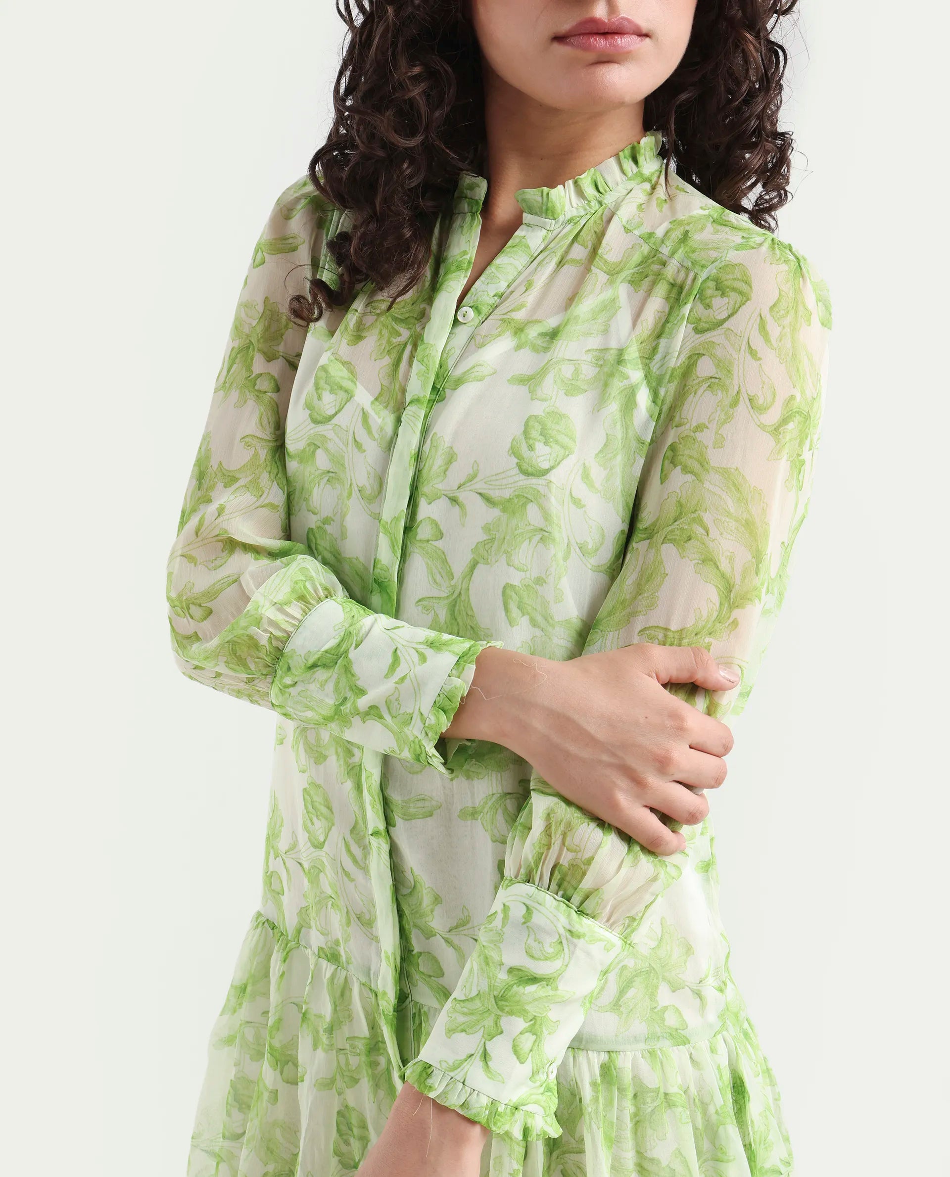 Rareism Women's Quin Green Polyester Ruffled Neck Floral Print Ruffled Sleeve Knee Length Regular Fit Dress