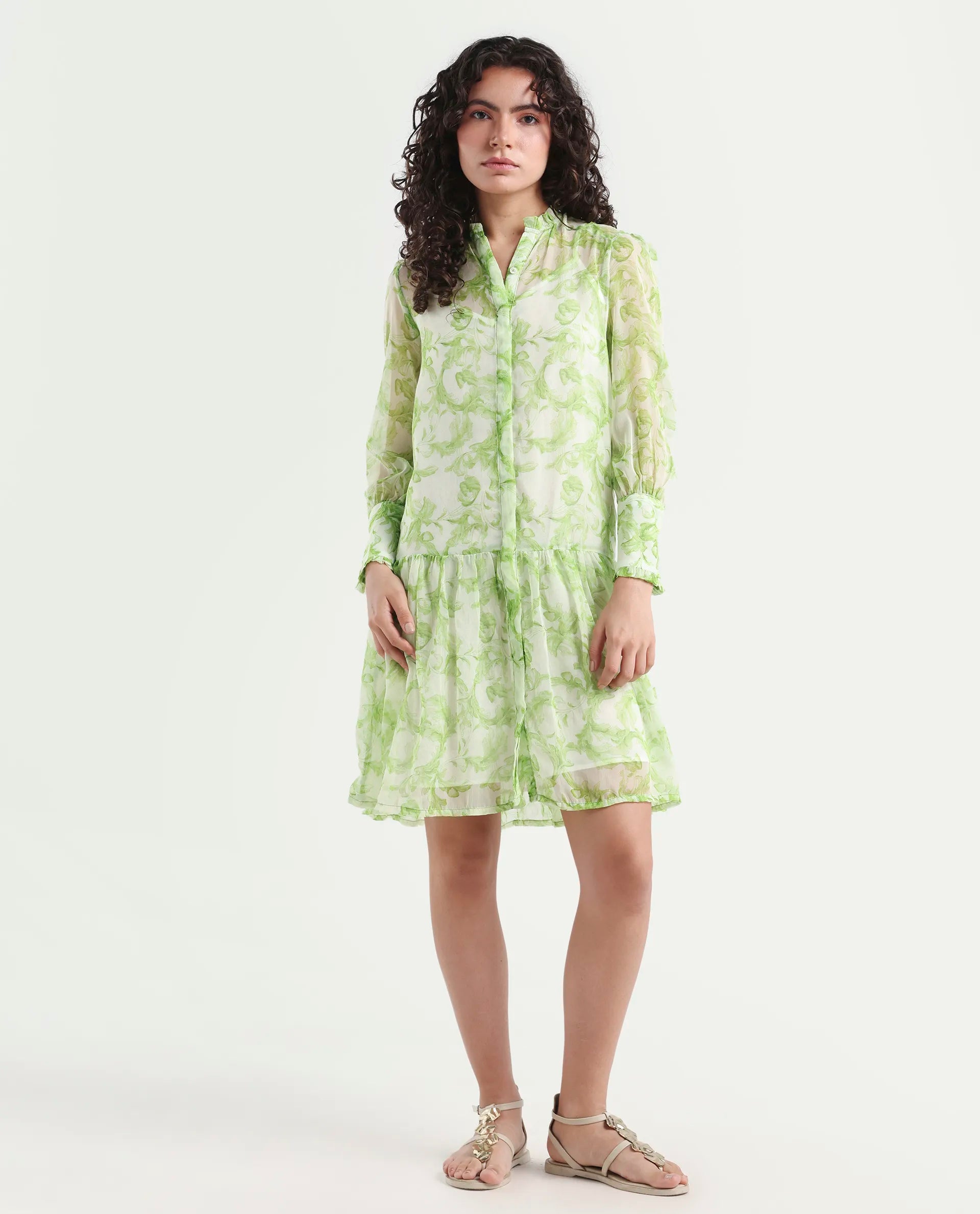 Rareism Women's Quin Green Polyester Ruffled Neck Floral Print Ruffled Sleeve Knee Length Regular Fit Dress
