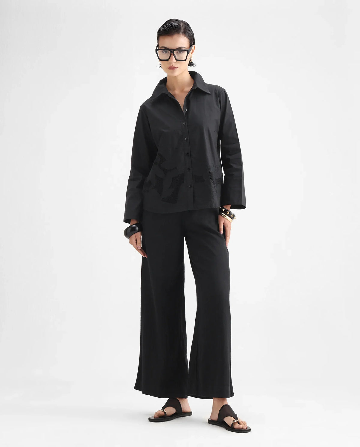 Rareism Women's Quitti Light Black Cotton Spread Collar Plain Bell Sleeve Regular Fit Top