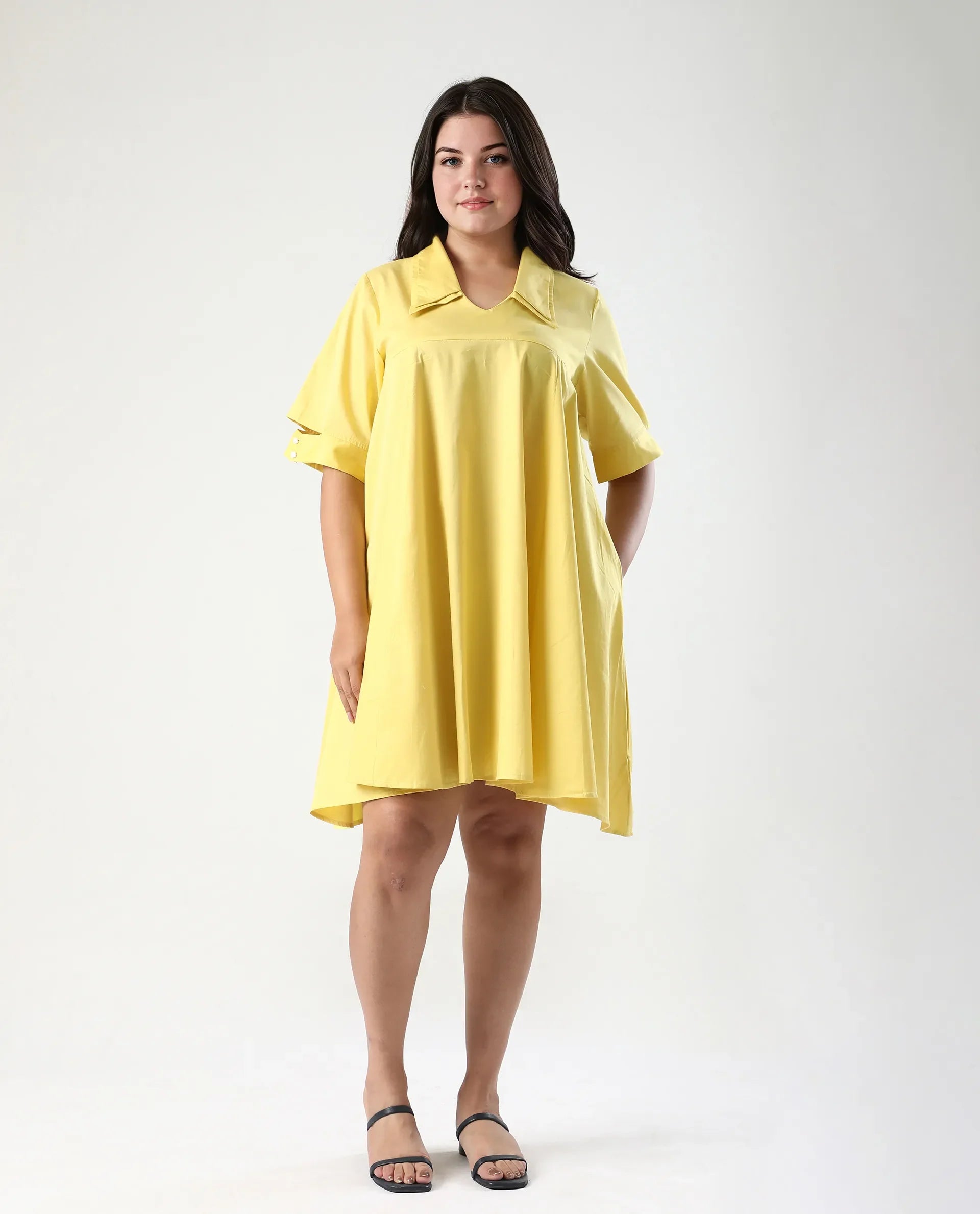 Rareism Women's Qurad Yellow Cotton Blend Johnny Collar Plain Cutout Sleeve Mini Flared Dress