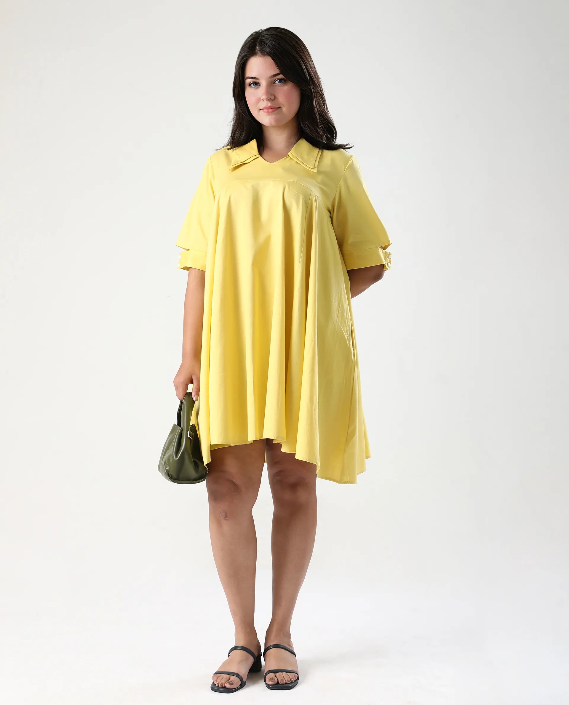 Rareism Women's Qurad Yellow Cotton Blend Johnny Collar Plain Cutout Sleeve Mini Flared Dress
