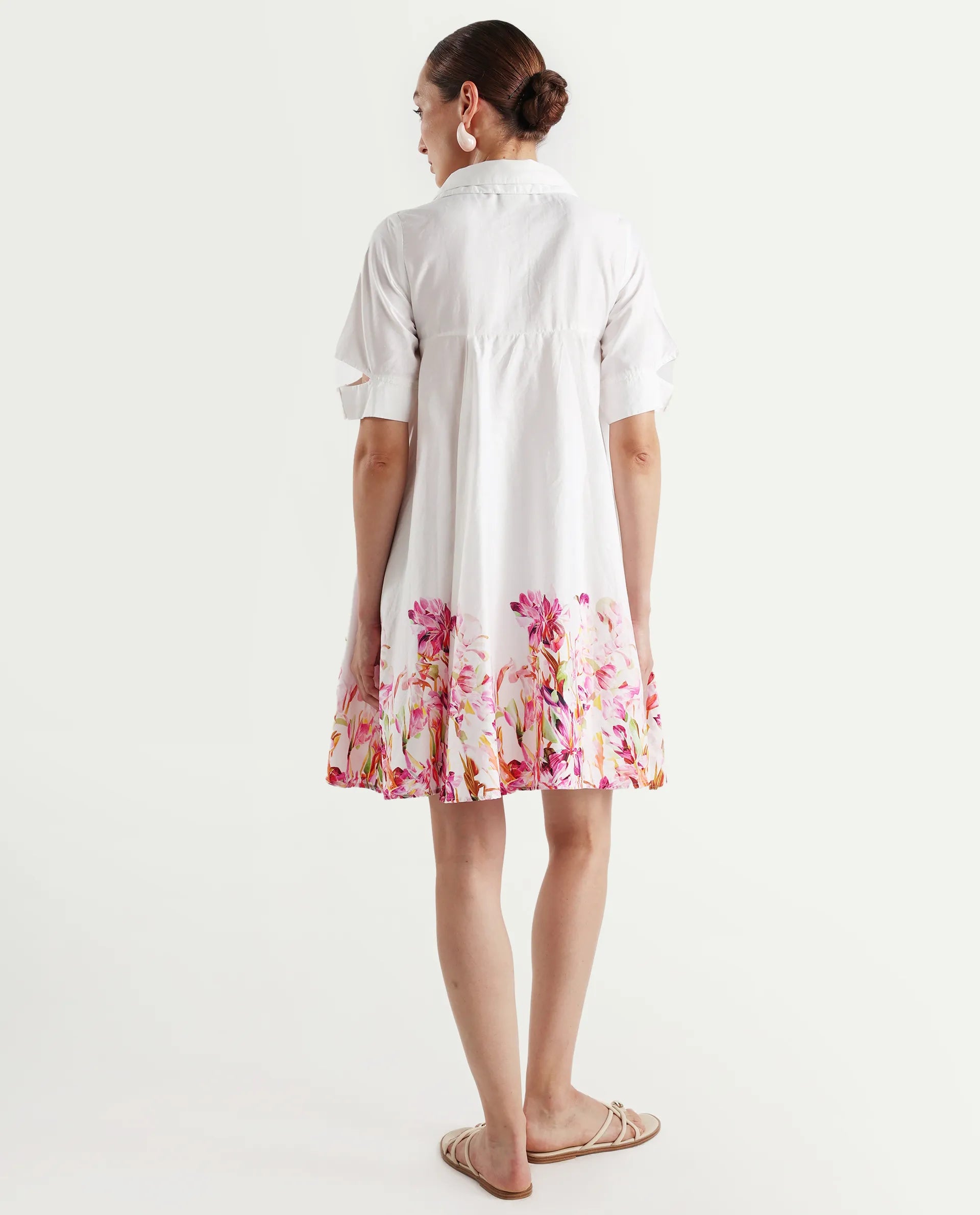 Rareism Women's Qura Multi Cotton Blend Johnny Collar Floral Print Cutout Sleeve Knee Length Flared Dress