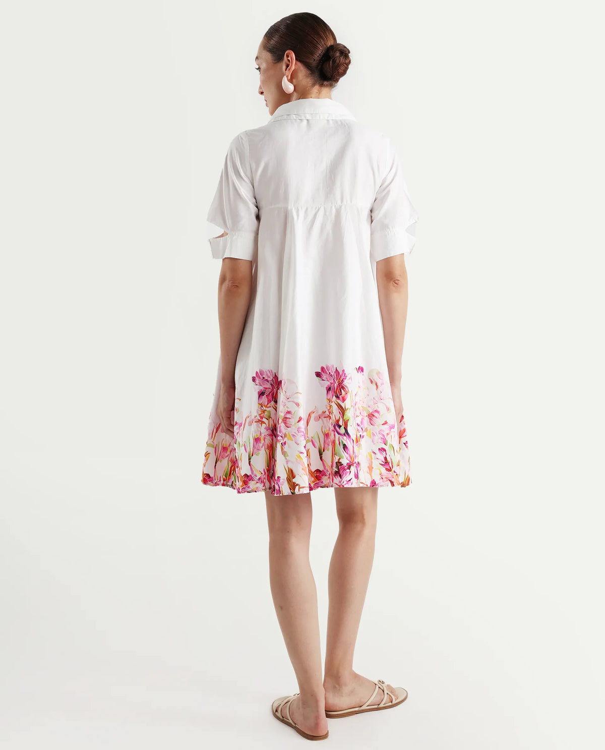 Rareism Women's Qura Multi Cotton Blend Johnny Collar Floral Print Cutout Sleeve Knee Length Flared Dress