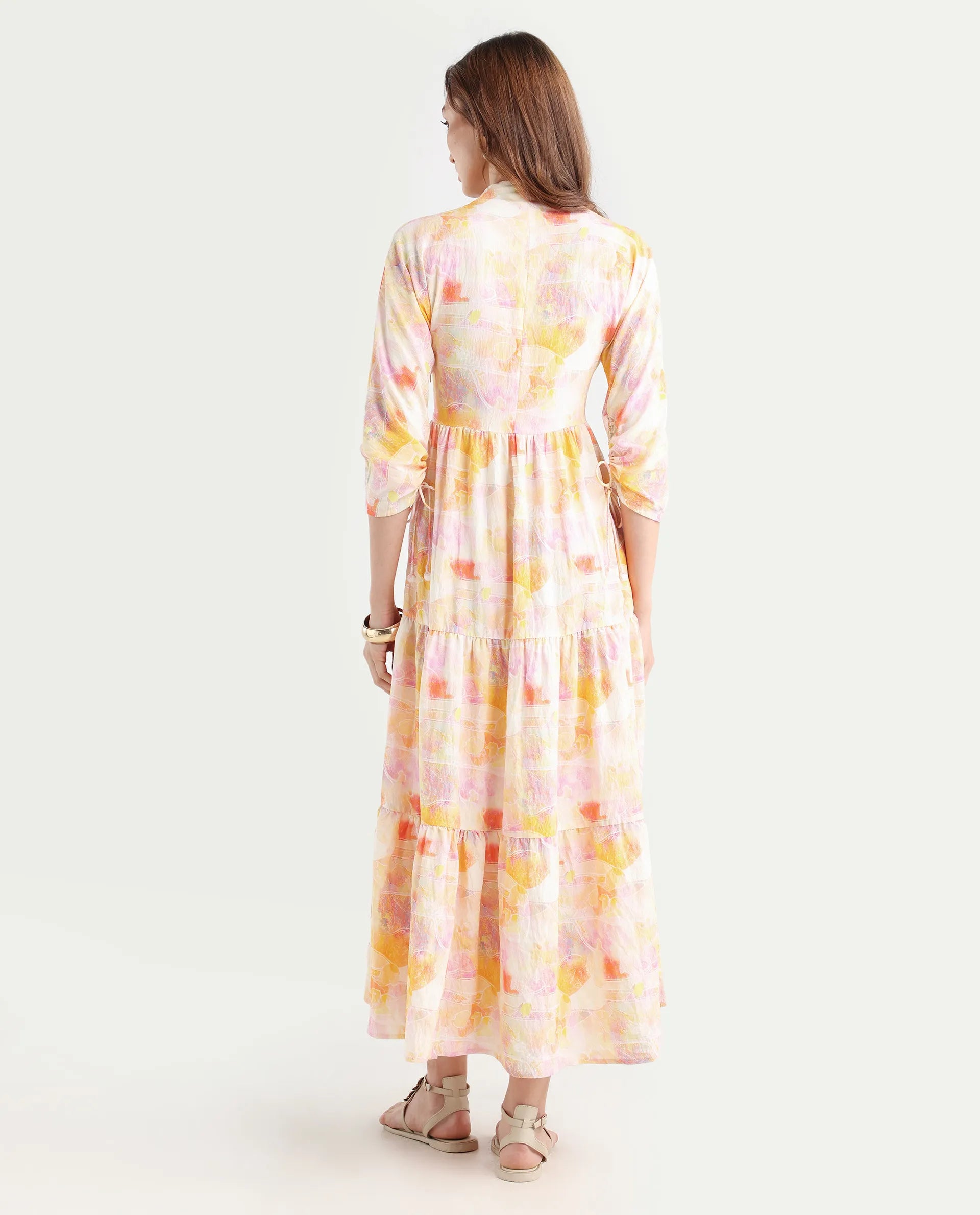 Rareism Women's Qurobi Pastel Multi Nylon Blend Built-Up Neck Abstract Print Kimono Sleeve Maxi Fit And Flare Dress