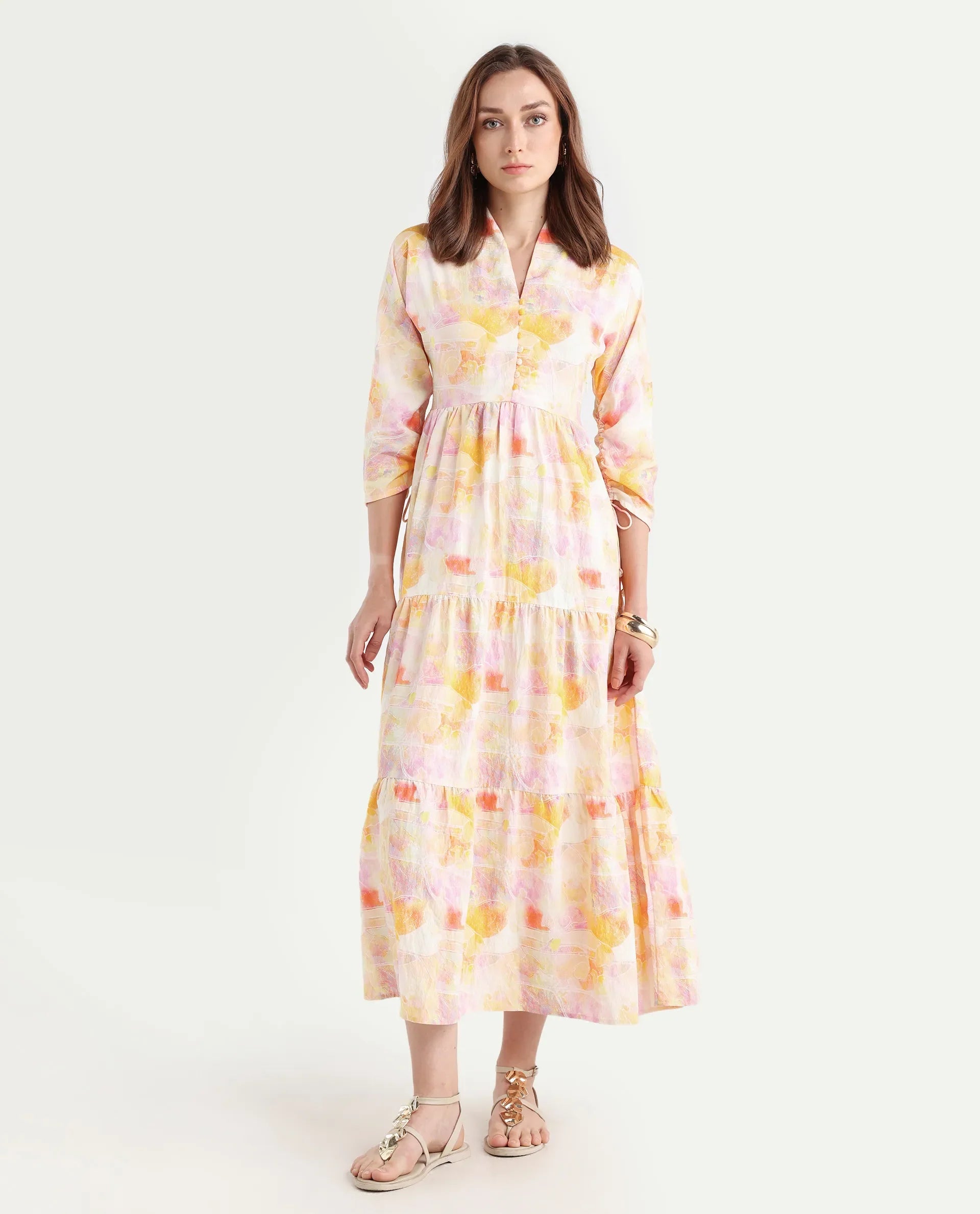 Rareism Women's Qurobi Pastel Multi Nylon Blend Built-Up Neck Abstract Print Kimono Sleeve Maxi Fit And Flare Dress