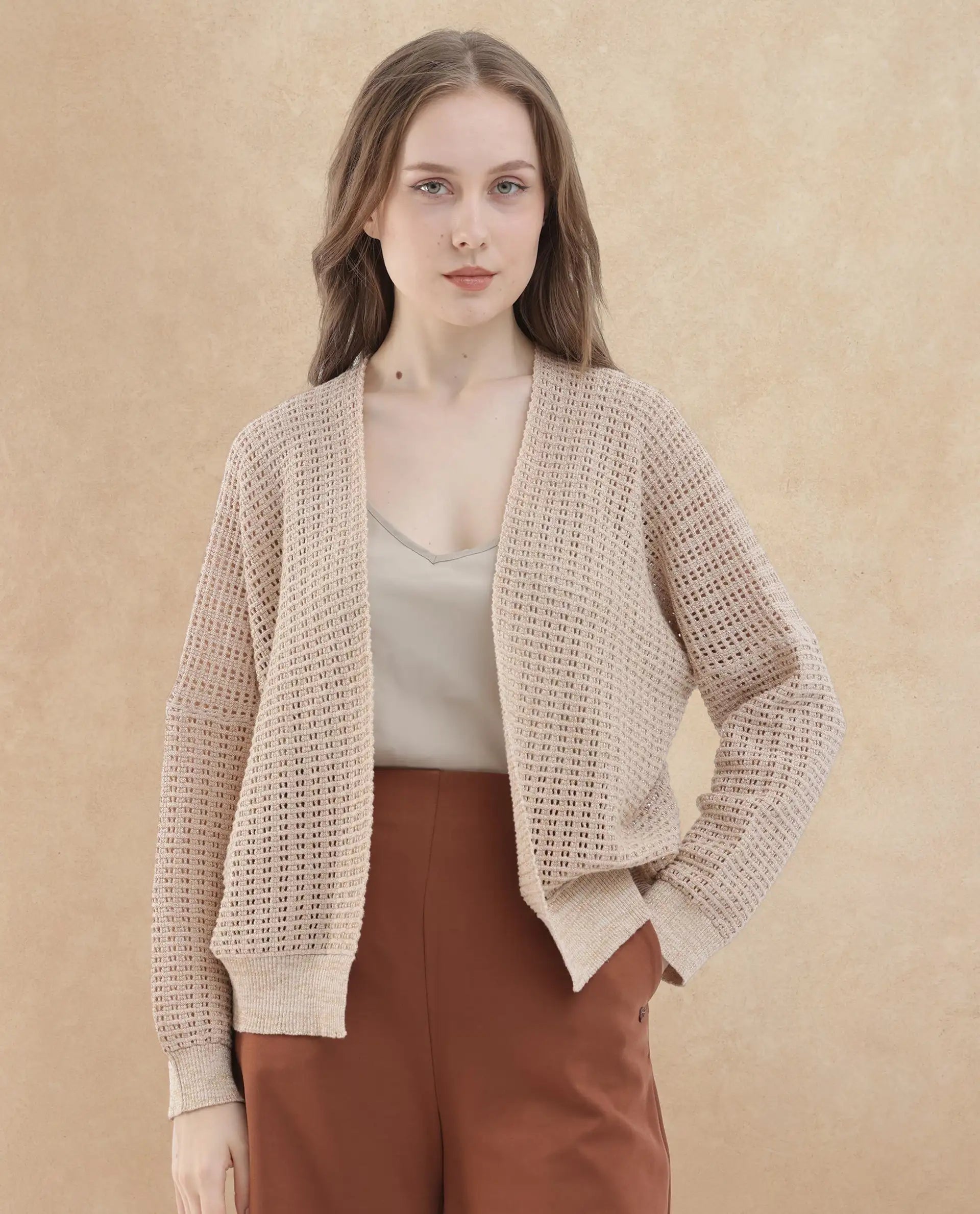 Rareism Women's Roba Gold Cotton Plain Relaxed Fit Shrug