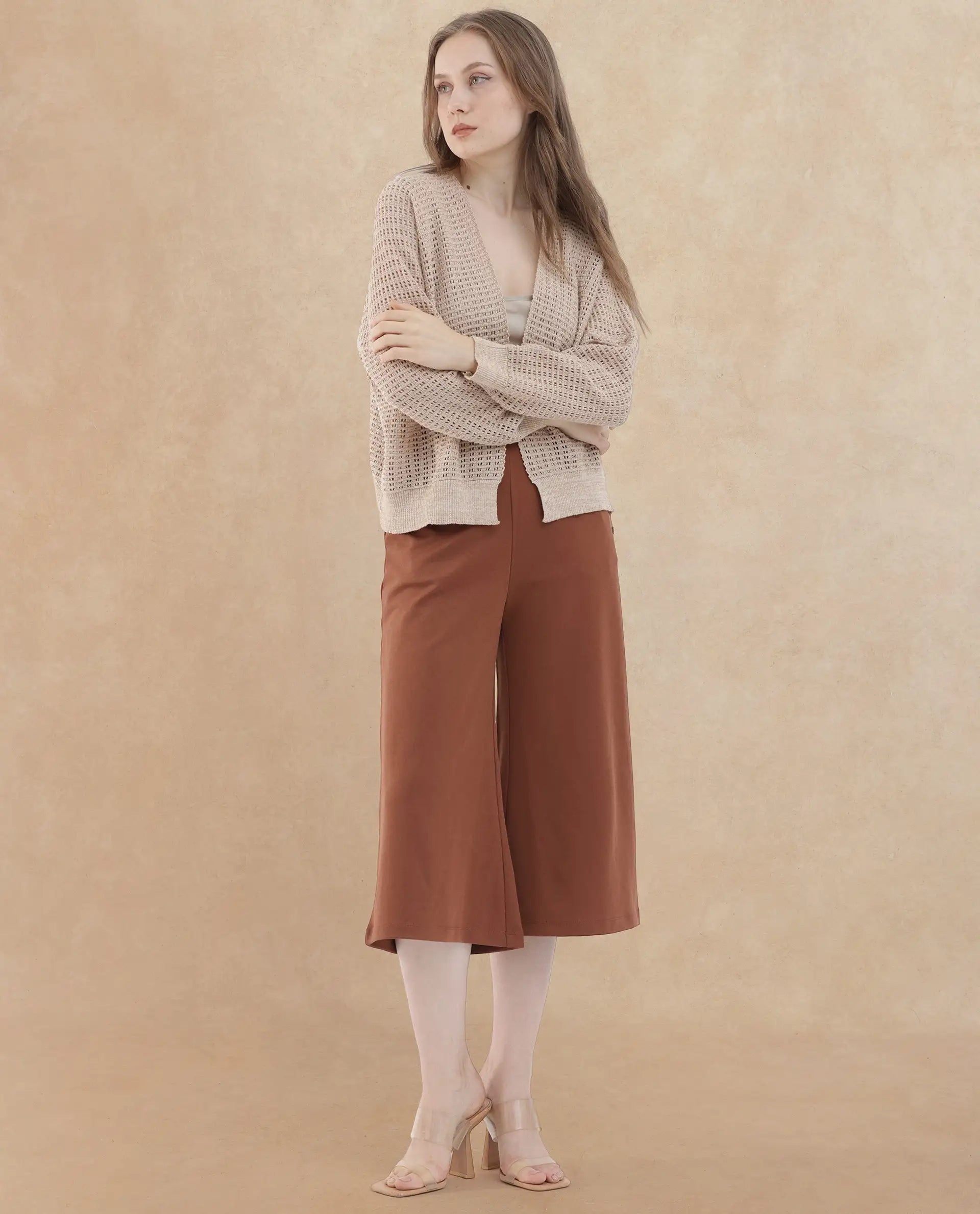 Rareism Women's Roba Gold Cotton Plain Relaxed Fit Shrug