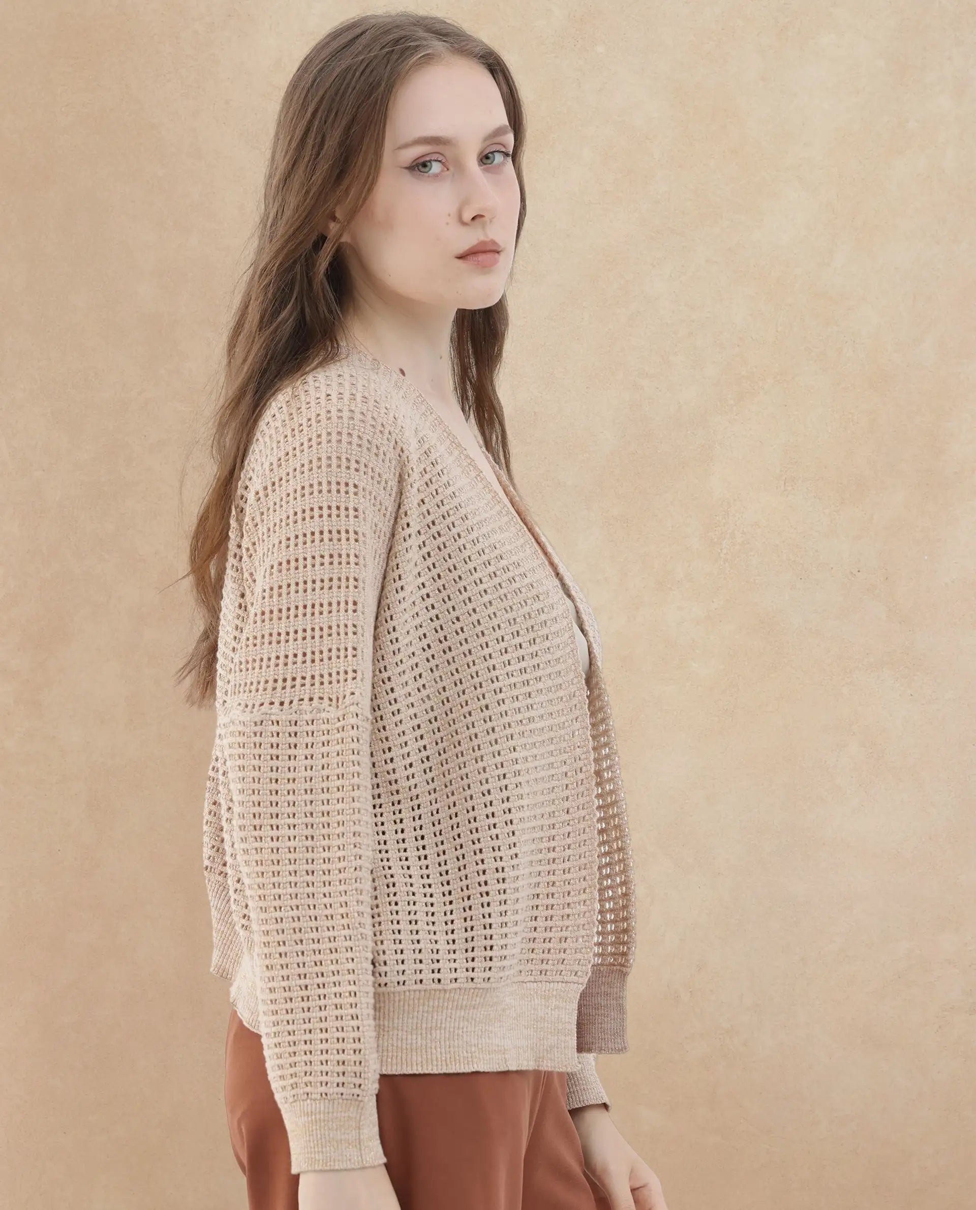 Rareism Women's Roba Gold Cotton Plain Relaxed Fit Shrug