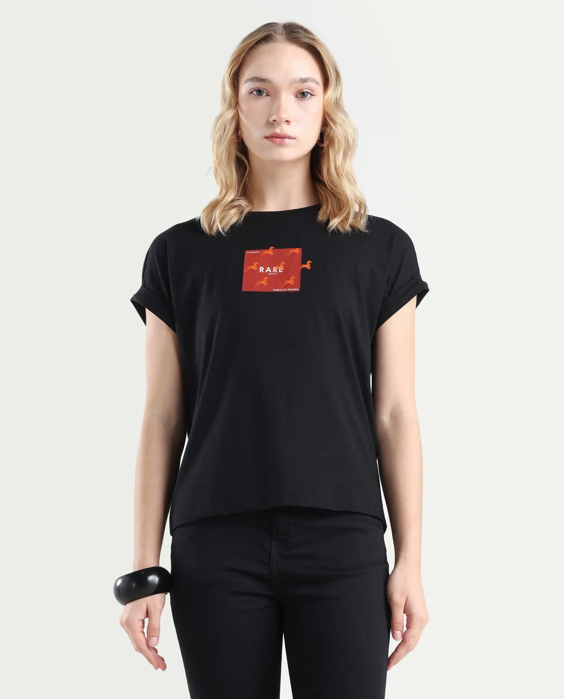 Rareism Women's Rabe Black Cotton Blend Crew Neck Relaxed Fit T-Shirt